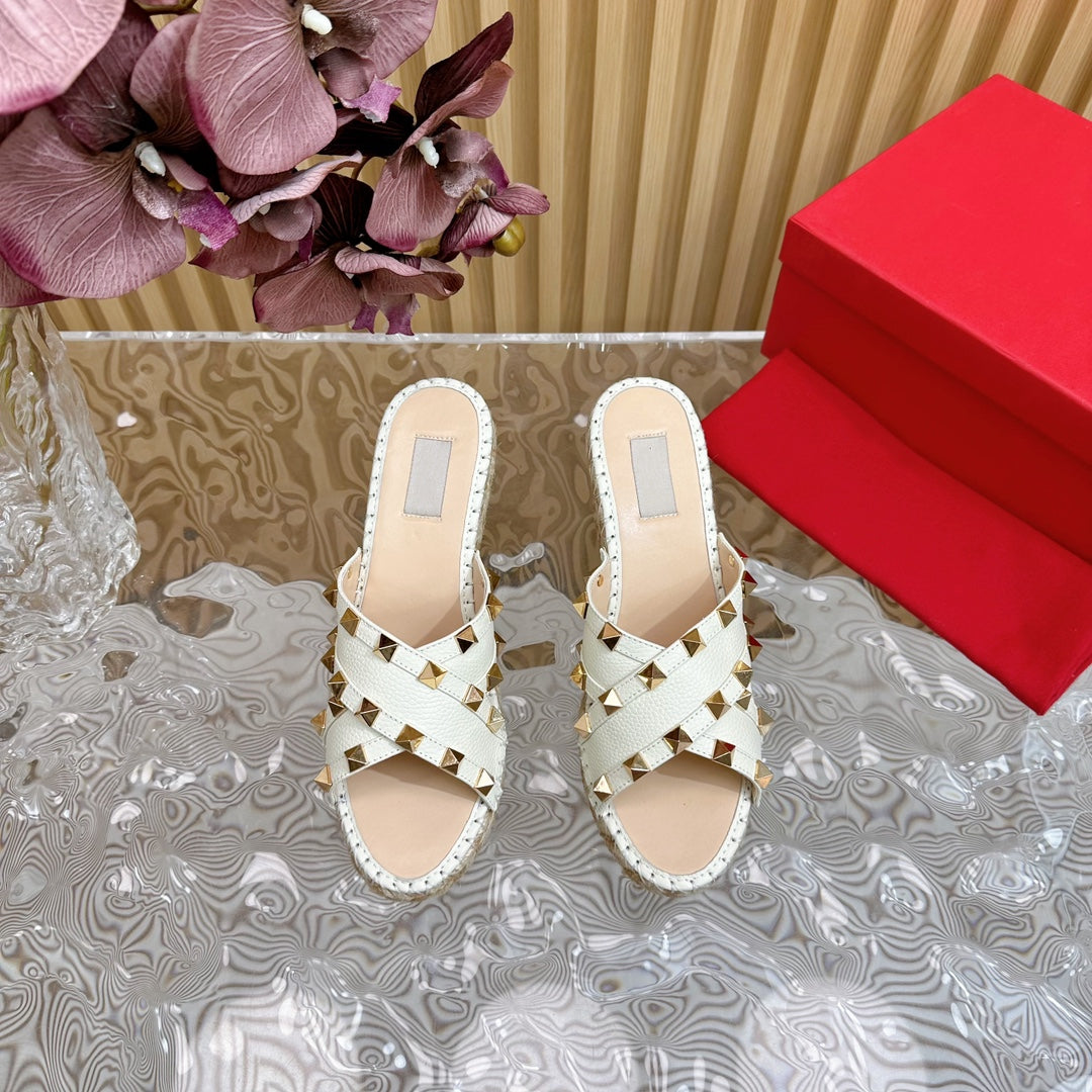 Rockstud Crisscross Espadrilles 80mm Sandal Wedges White