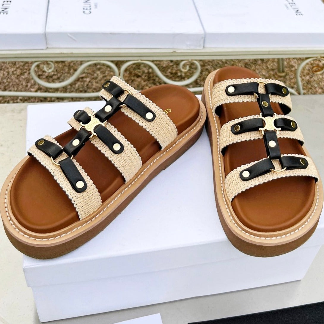 TIPPI SLIDE IN CANVAS & CALFSKIN NATURAL BROWN CREAM/ BLACK