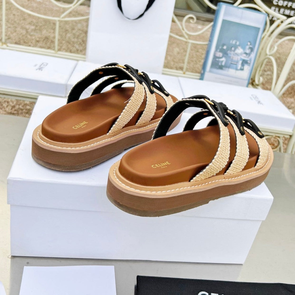 TIPPI SLIDE IN CANVAS & CALFSKIN NATURAL BROWN CREAM/ BLACK