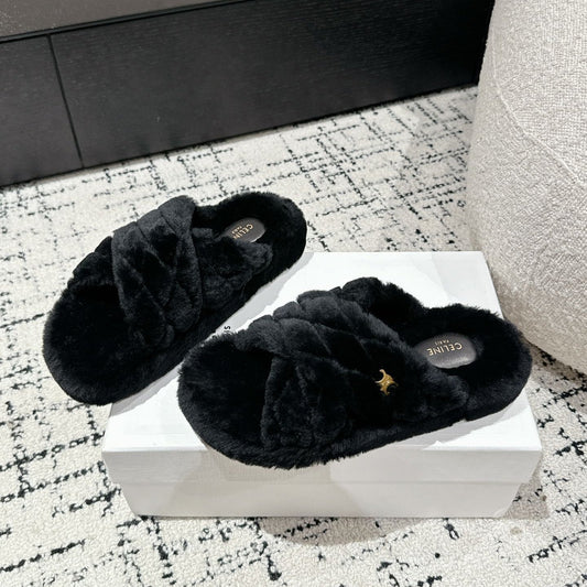 CROSS STRAP SLIPPER IN BLACK SHEARLING