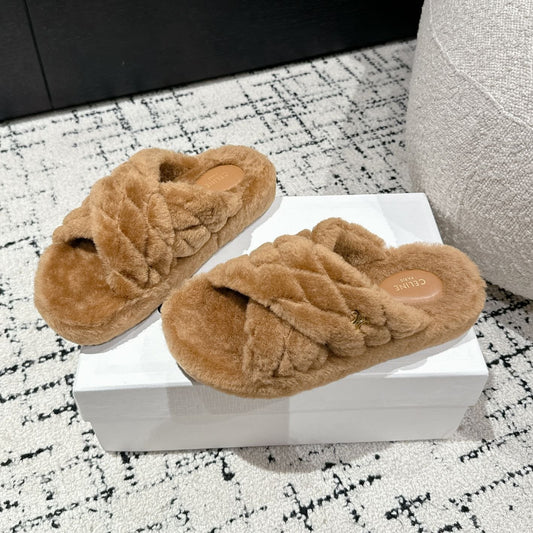 CROSS STRAP SLIPPER IN CAMEL BROWN SHEARLING