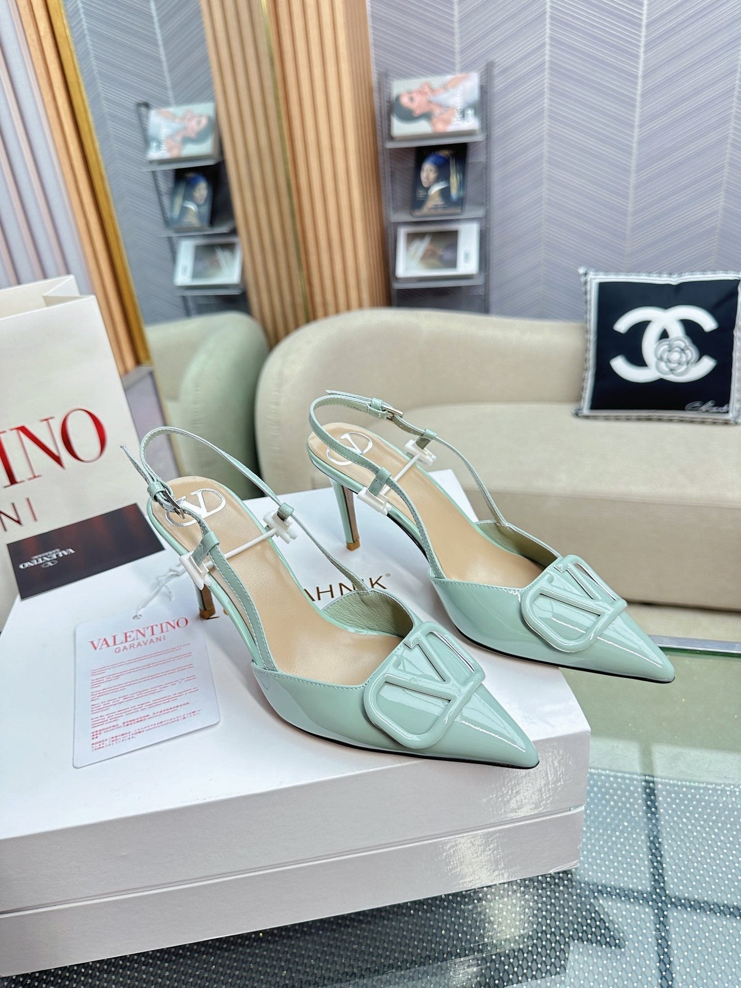 VLOGO SLINGBACK PUMP IN POWDER BLUE CALFSKIN LEATHER