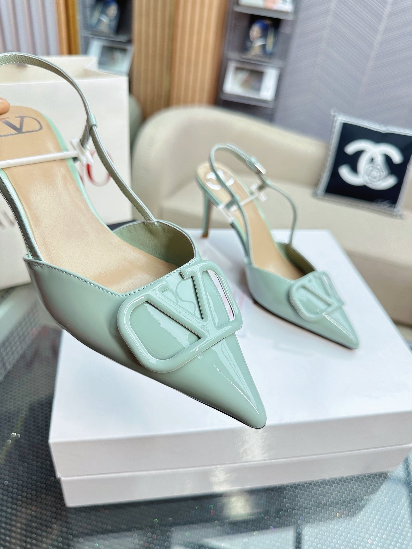 VLOGO SLINGBACK PUMP IN POWDER BLUE CALFSKIN LEATHER