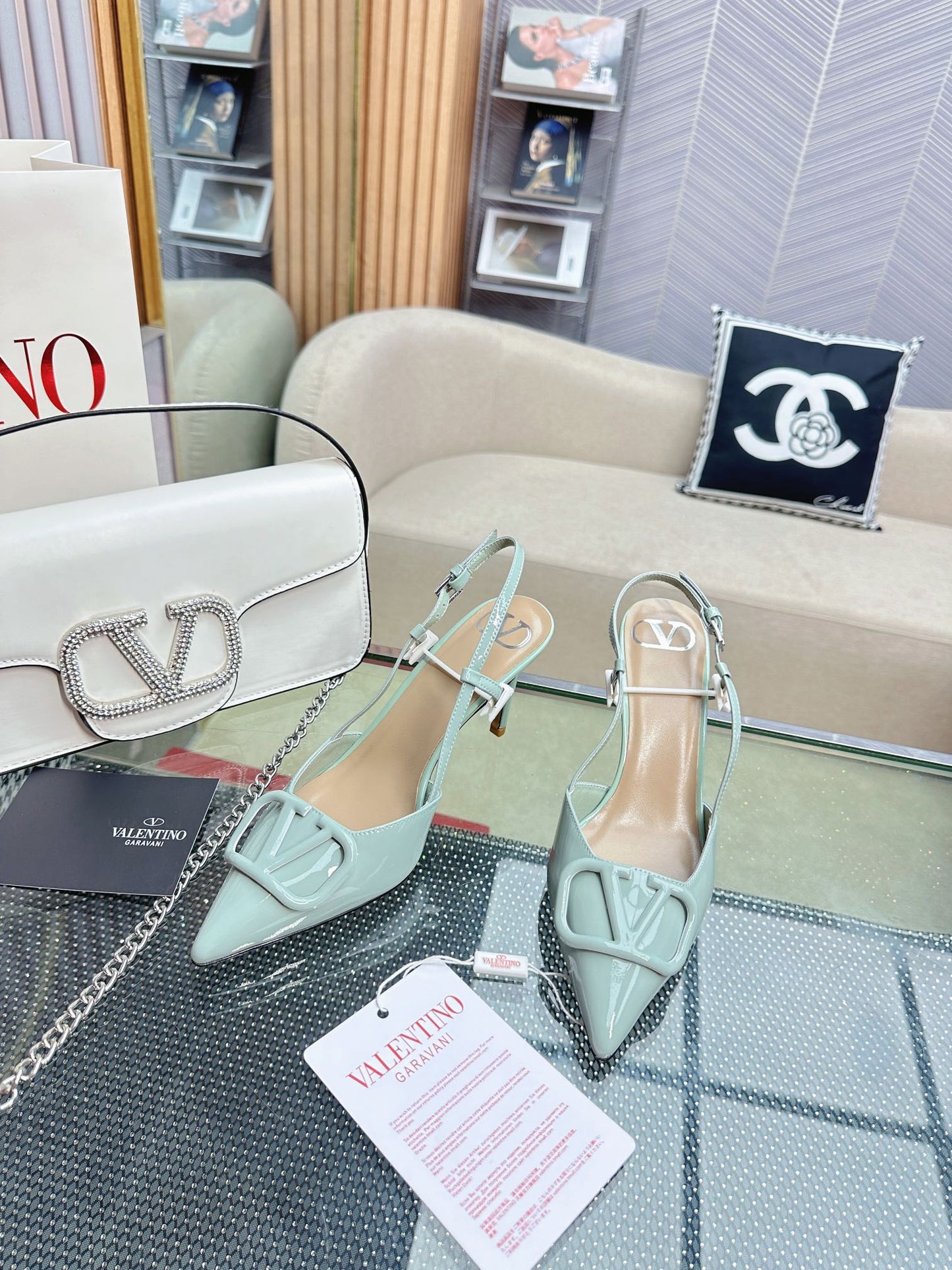 VLOGO SLINGBACK PUMP IN POWDER BLUE CALFSKIN LEATHER