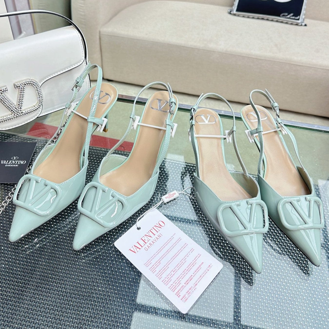 VLOGO SLINGBACK PUMP IN POWDER BLUE CALFSKIN LEATHER