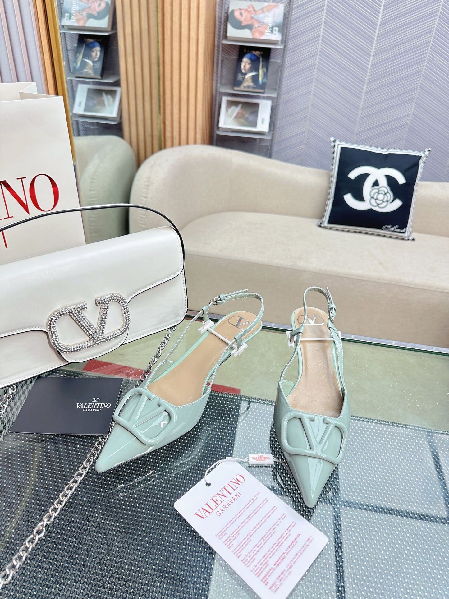 VLOGO SLINGBACK PUMP IN POWDER BLUE CALFSKIN LEATHER