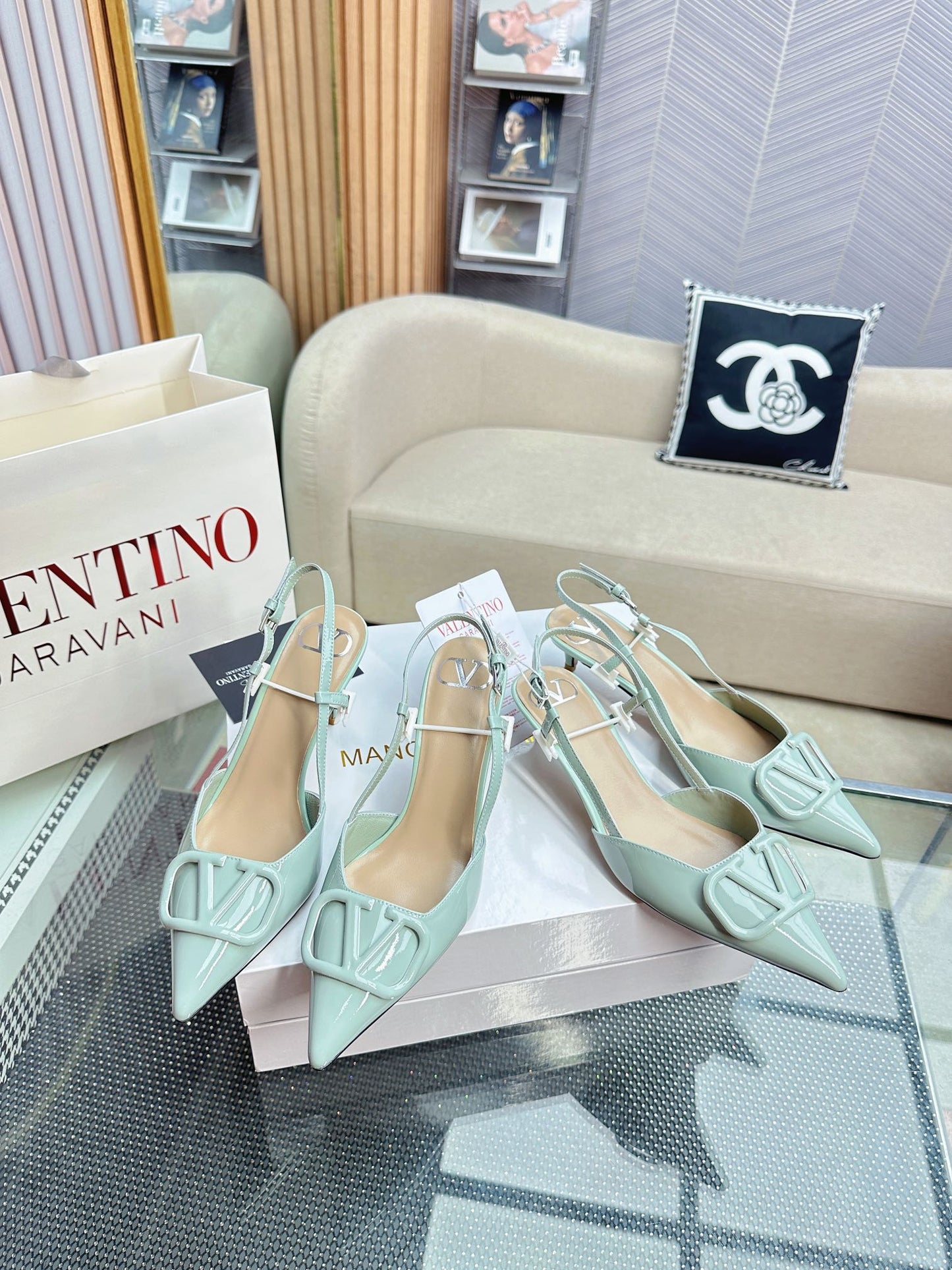 VLOGO SLINGBACK PUMP IN POWDER BLUE CALFSKIN LEATHER