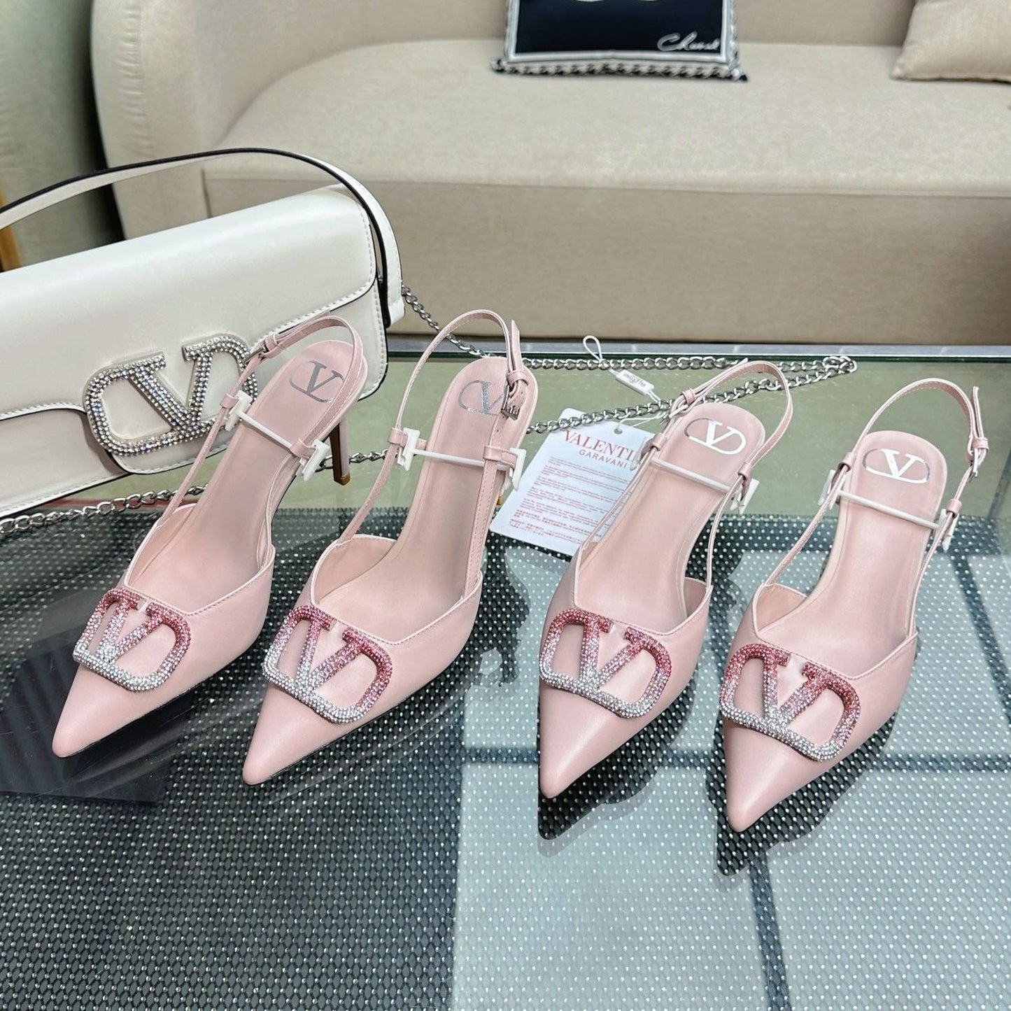 VLOGO SLINGBACK PUMP IN PASTEL PINK CALFSKIN LEATHER