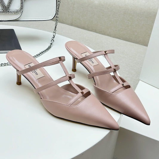 ROCKSTUD WISPY CREPE PINK CALFSKIN MULE 60MM