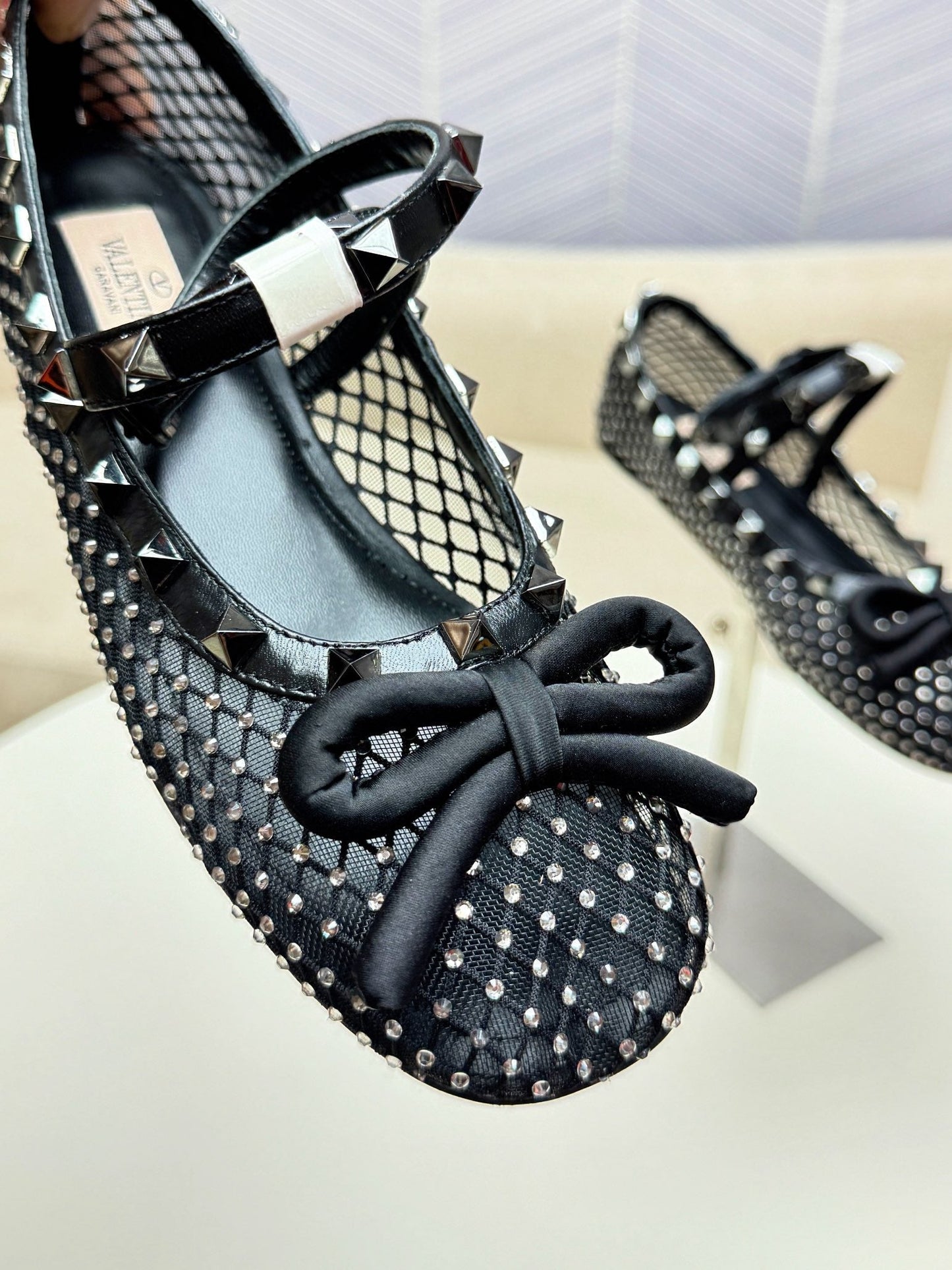 ROCKSTUD BLACK MESH BALLERINA WITH CRYSTALS