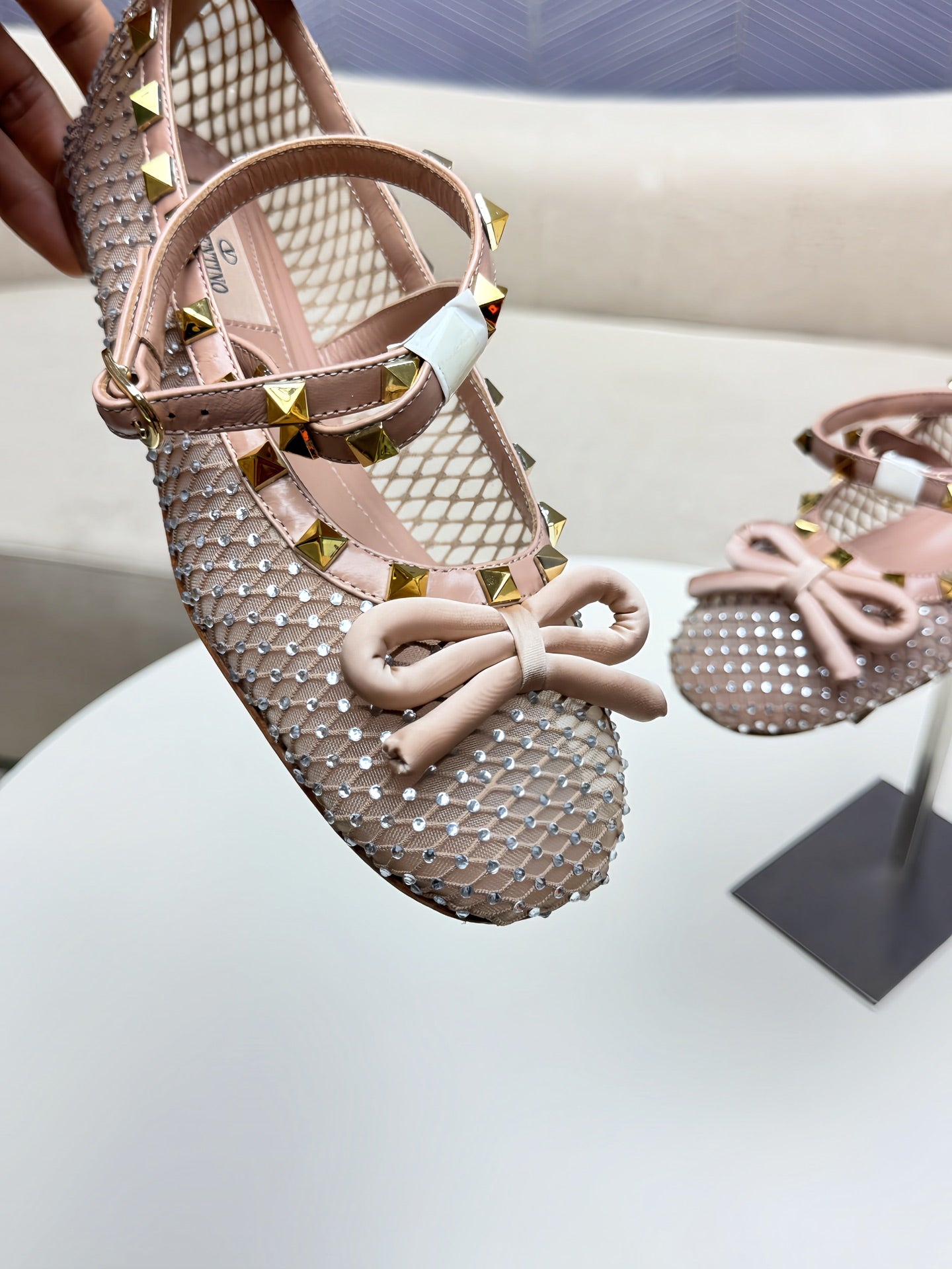 ROCKSTUD PEACH PINK MESH BALLERINA WITH CRYSTALS