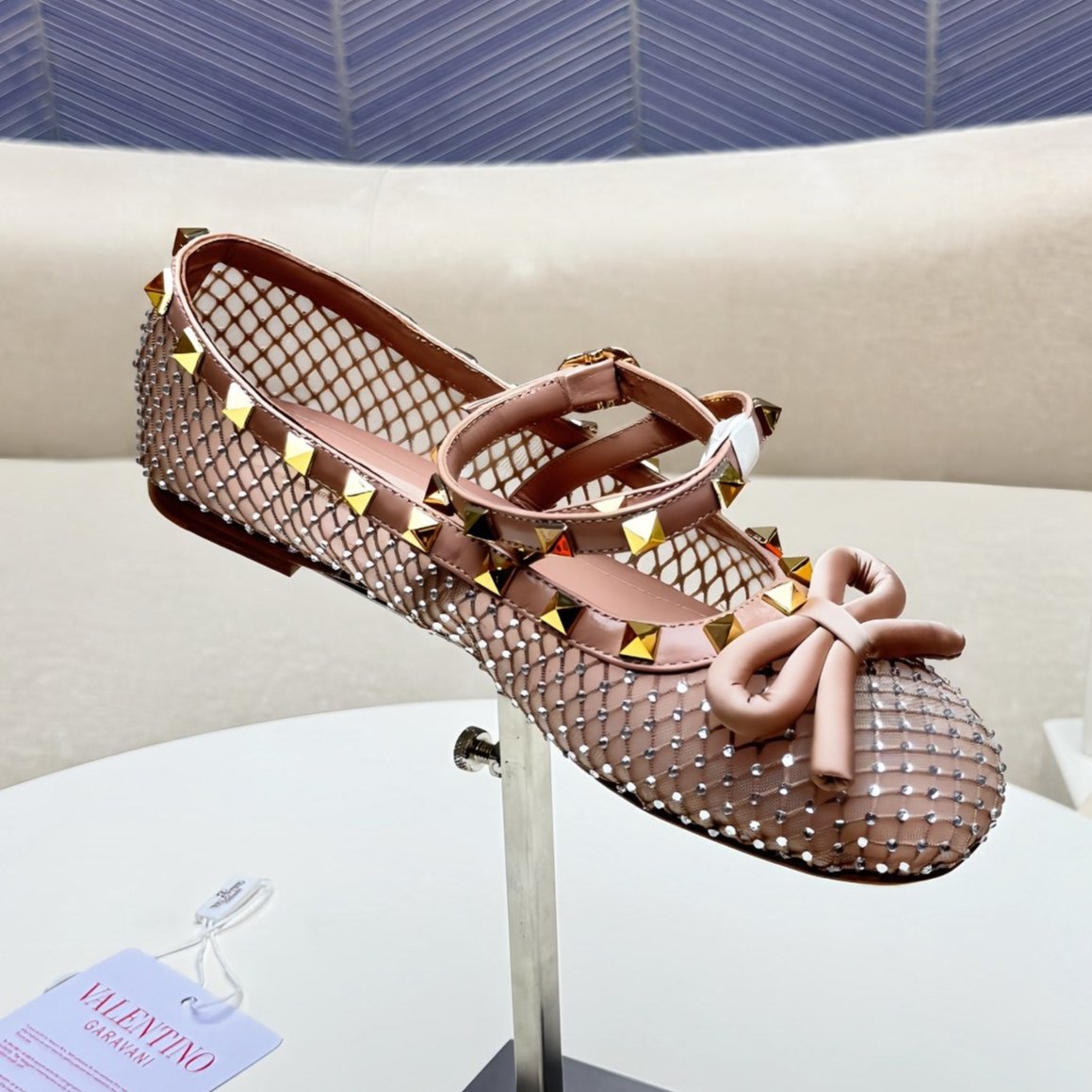 ROCKSTUD PEACH PINK MESH BALLERINA WITH CRYSTALS