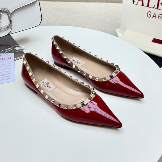 ROCKSTUD FLAT PUMP IN BERRY RED CALFSKIN