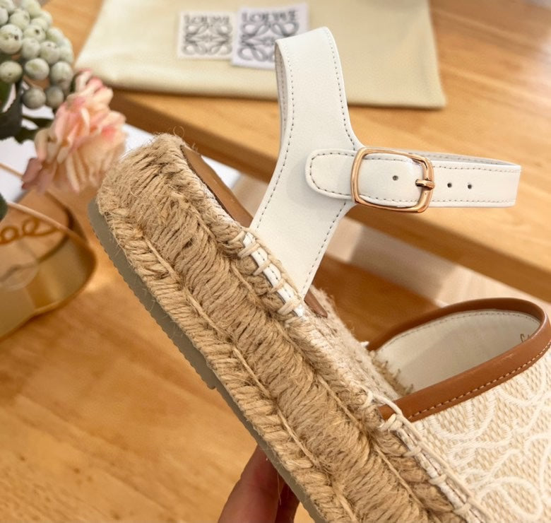 Loew Anagram White Tan Beige Leather And Canvas Espadrille Sandals