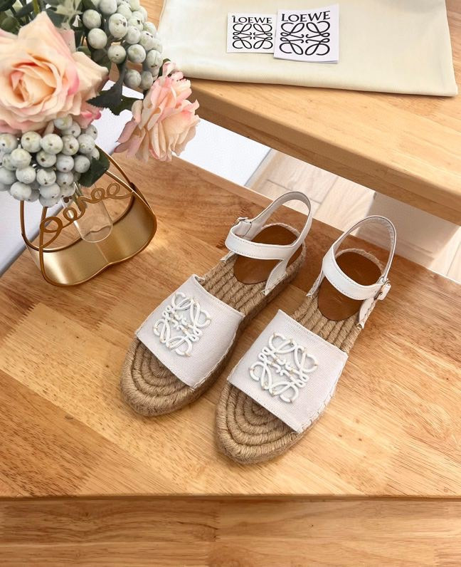 Loew Anagram White Beige Leather And Canvas Espadrille Sandals