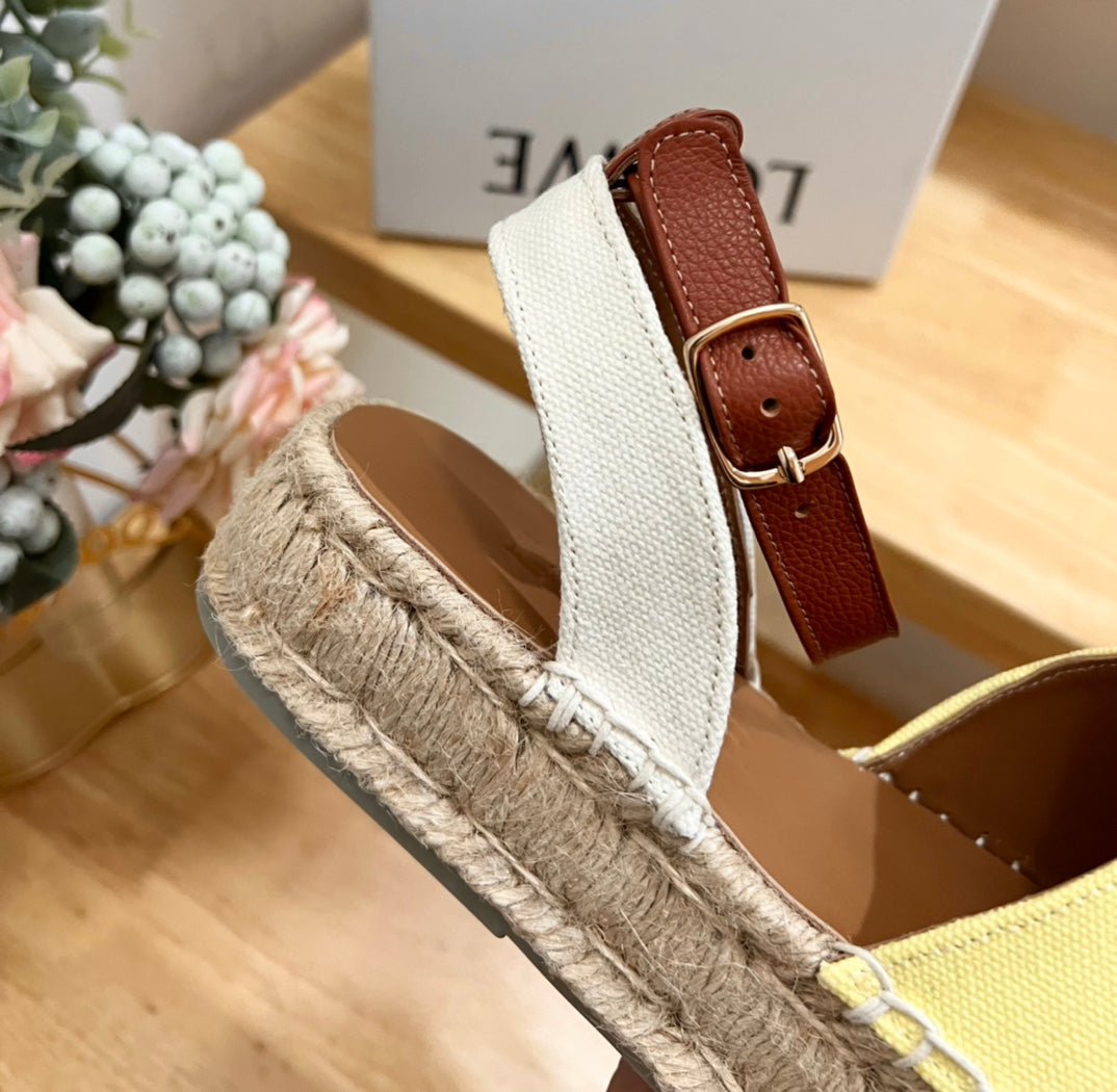 Loew Anagram Yellow Brown Leather And Canvas Espadrille Sandals