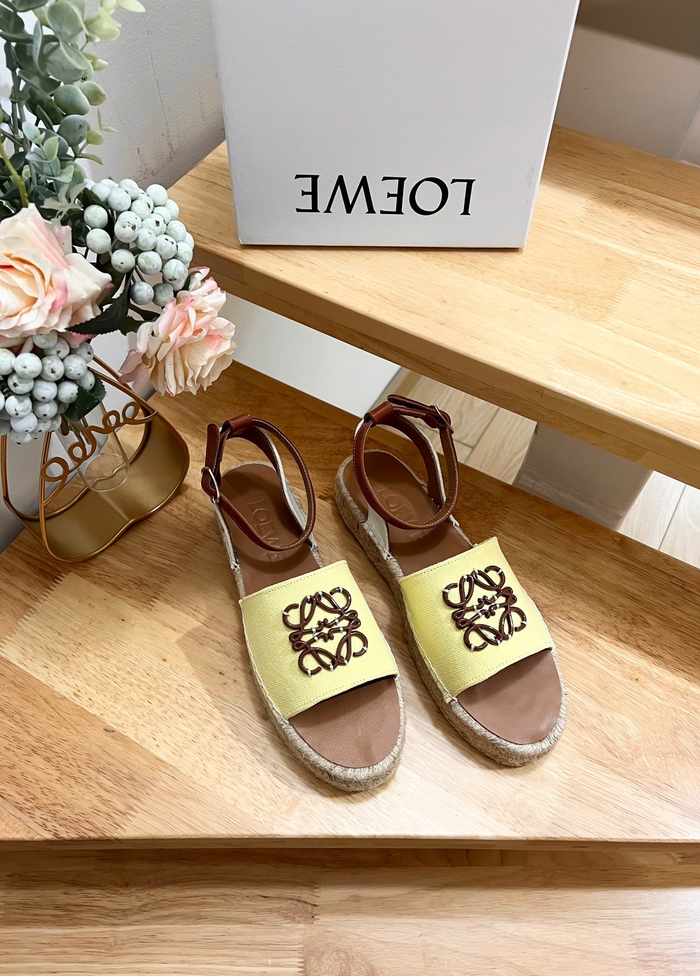 Loew Anagram Yellow Brown Leather And Canvas Espadrille Sandals