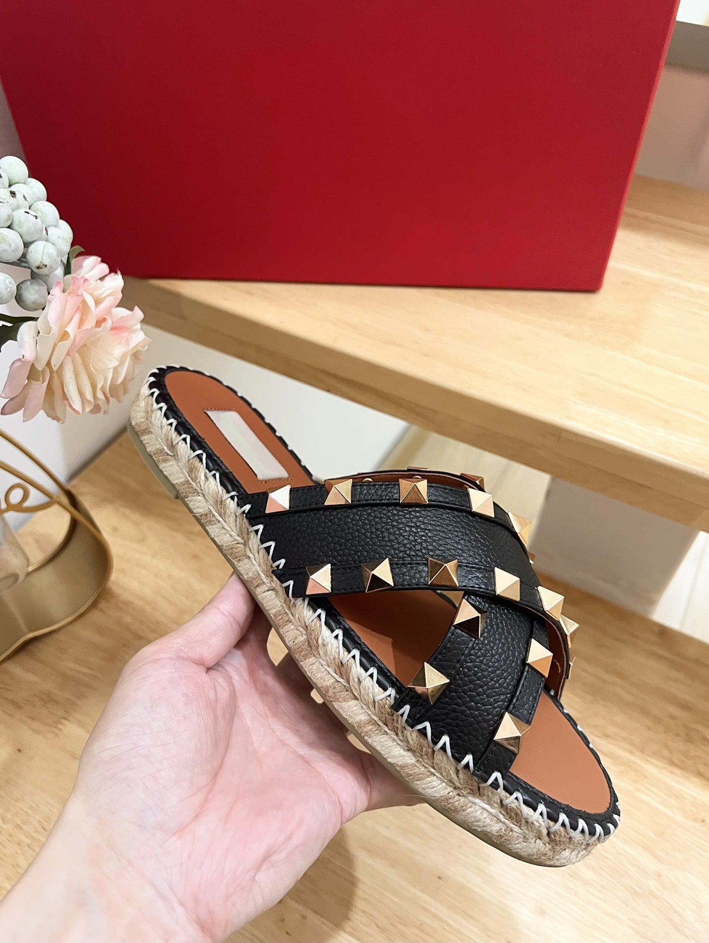 Rockstud Crisscross Espadrilles 20mm Sandal Wedges Black Tan