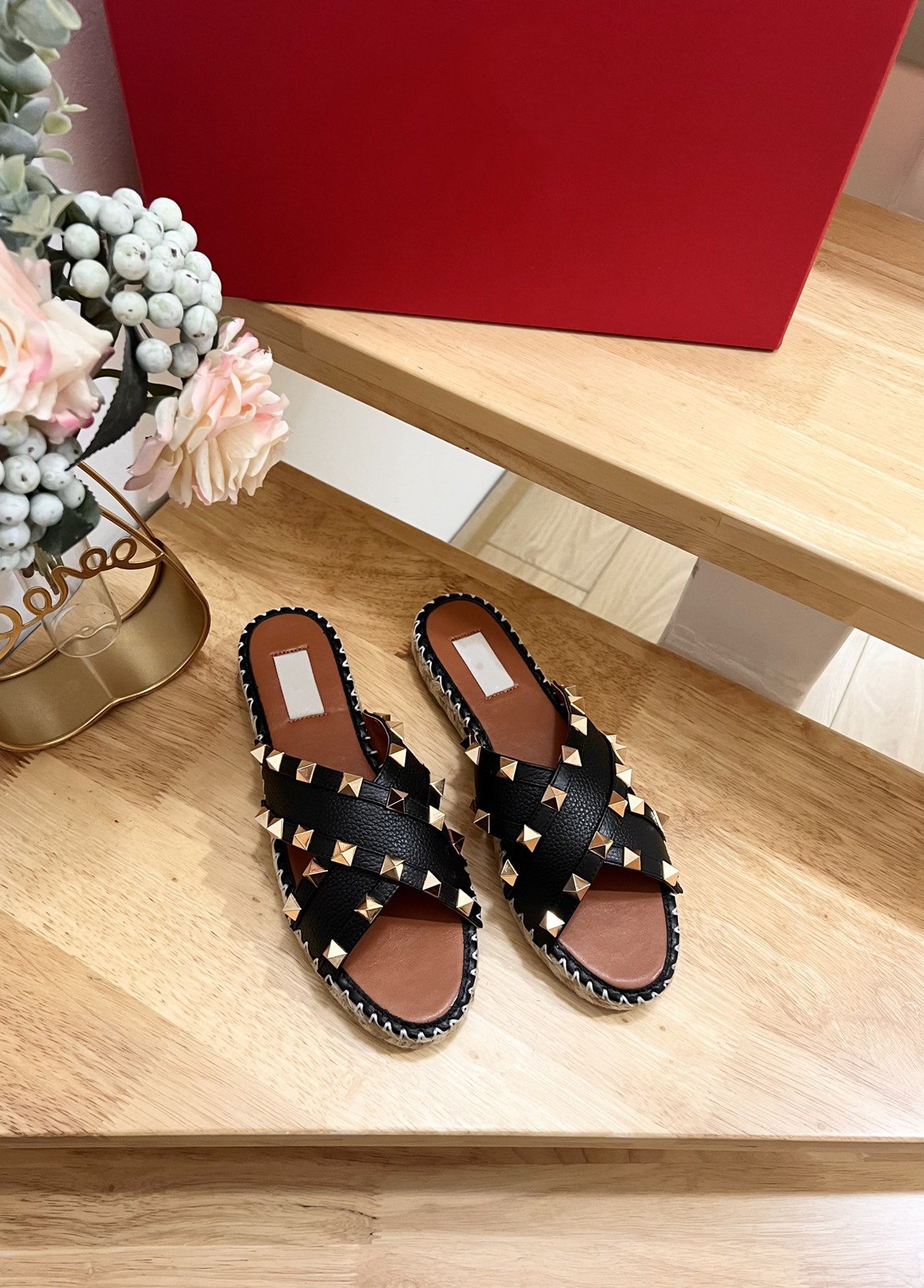 Rockstud Crisscross Espadrilles 20mm Sandal Wedges Black Tan