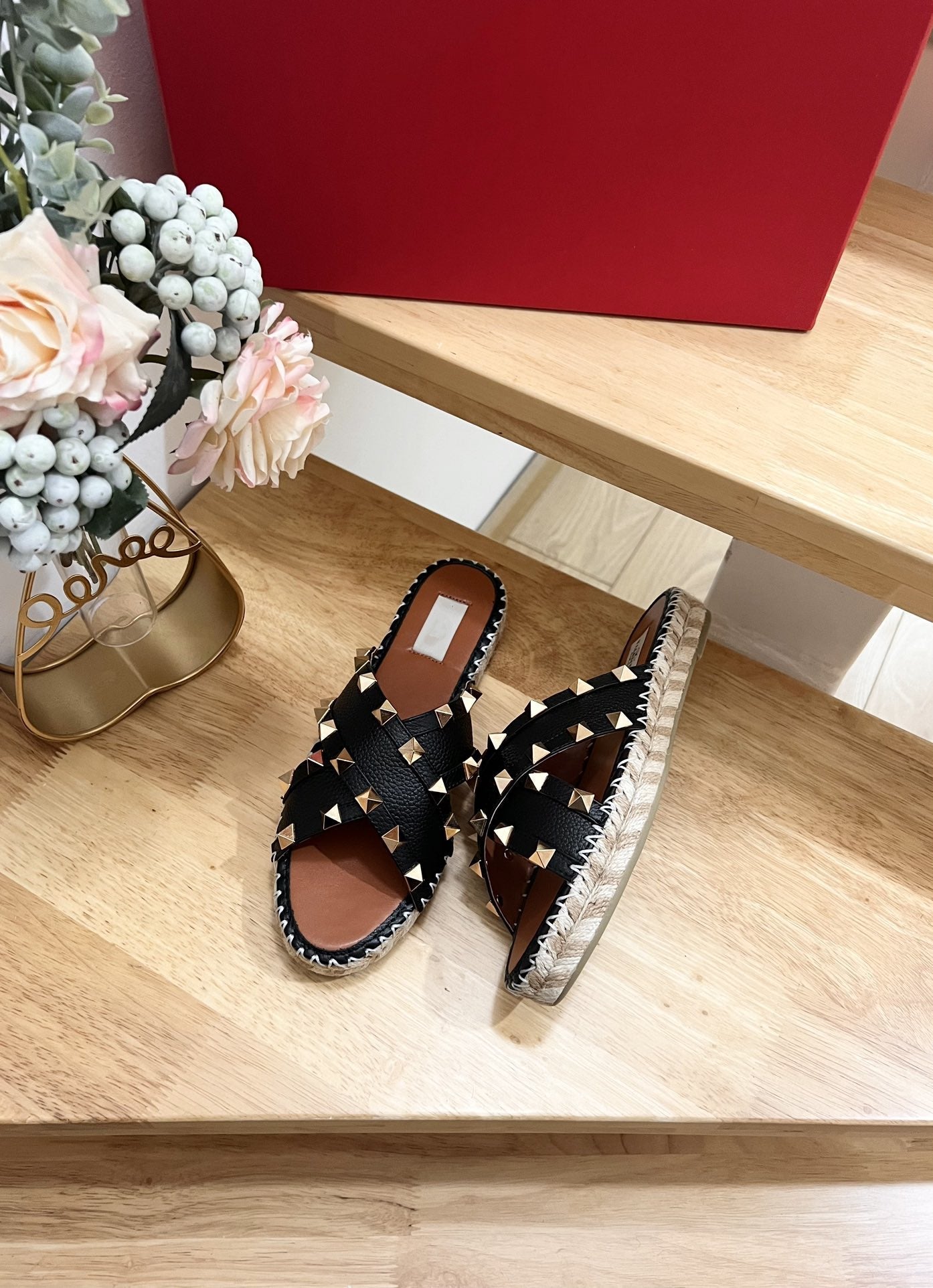 Rockstud Crisscross Espadrilles 20mm Sandal Wedges Black Tan