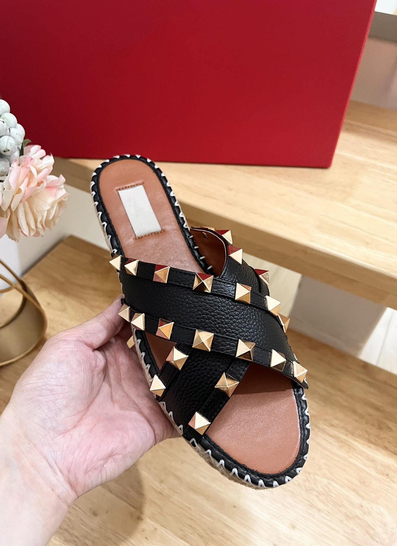 Rockstud Crisscross Espadrilles 20mm Sandal Wedges Black Tan