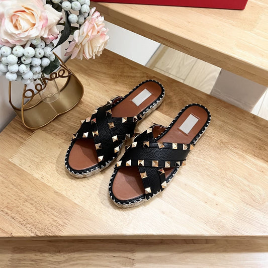 Rockstud Crisscross Espadrilles 20mm Sandal Wedges Black Tan