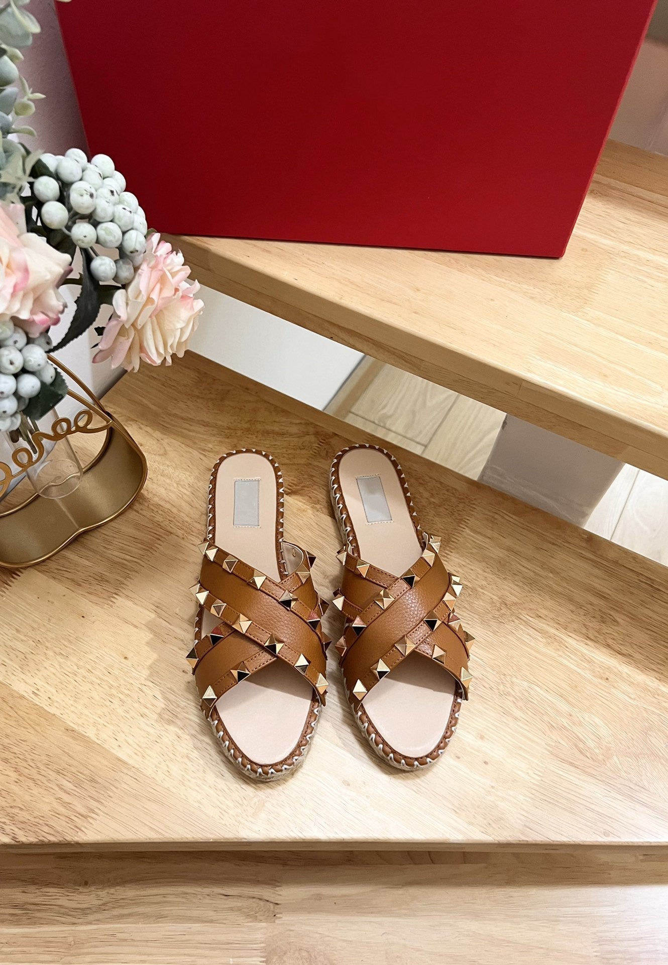 Rockstud Crisscross Espadrilles 20mm Sandal Wedges Tan