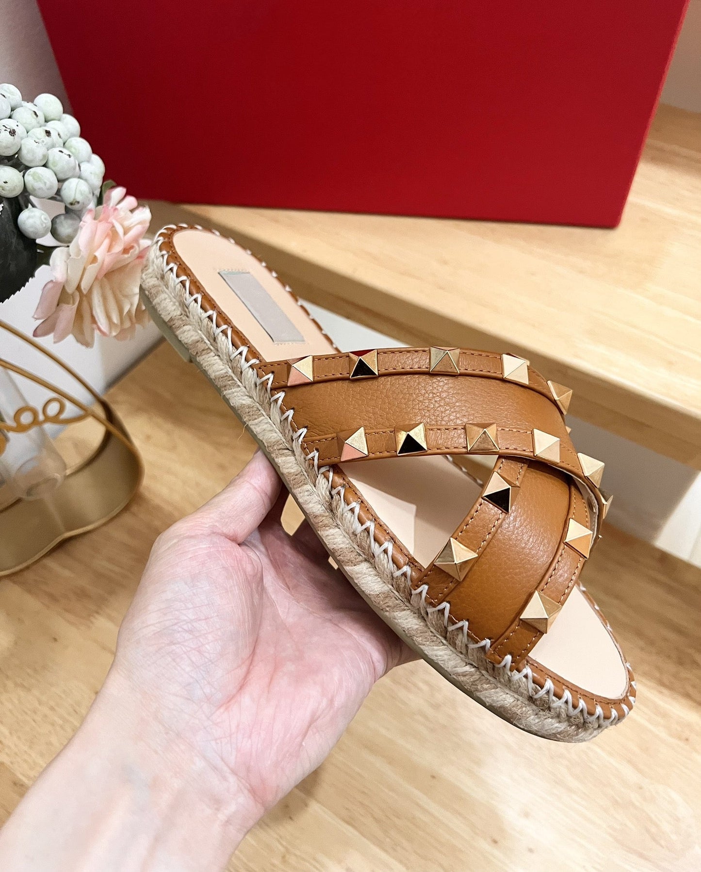 Rockstud Crisscross Espadrilles 20mm Sandal Wedges Tan