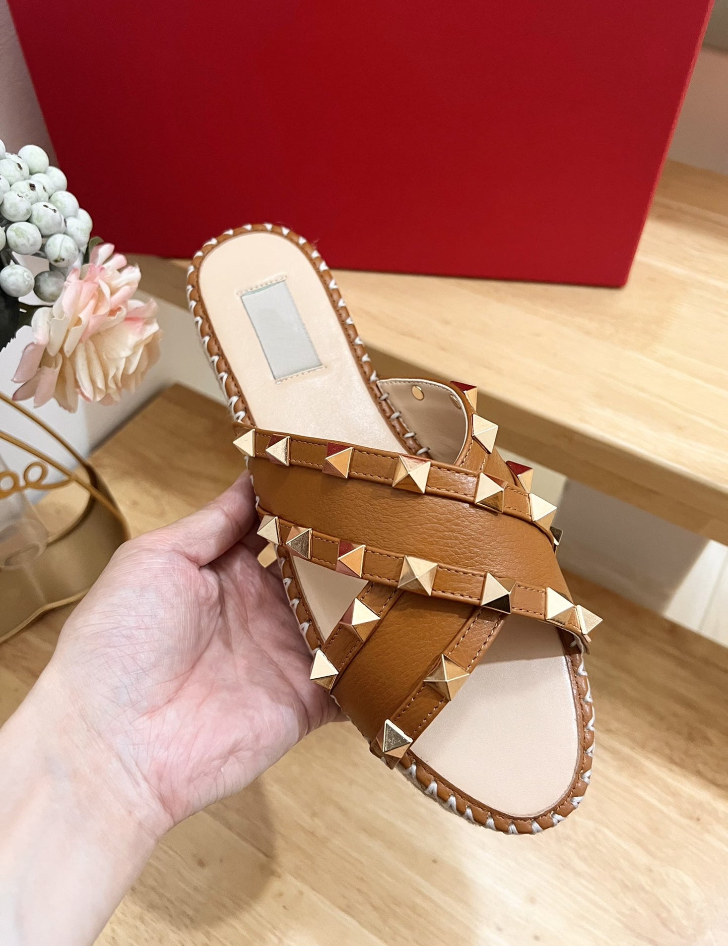 Rockstud Crisscross Espadrilles 20mm Sandal Wedges Tan