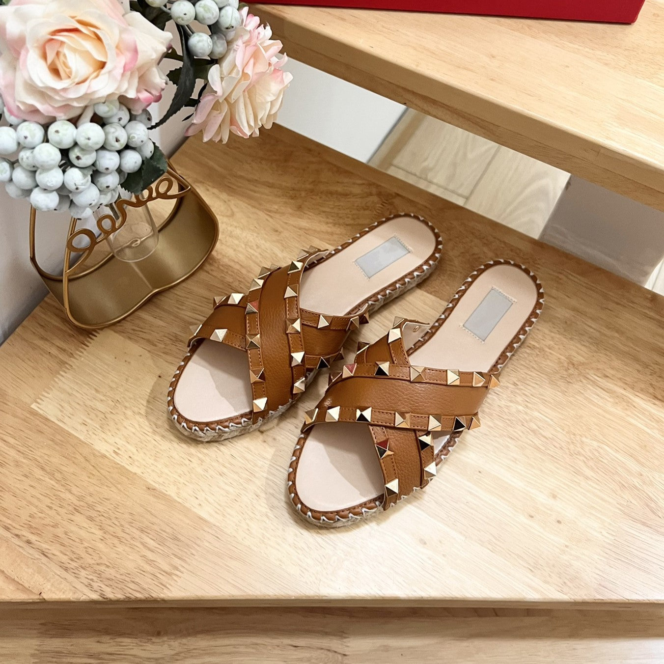 Rockstud Crisscross Espadrilles 20mm Sandal Wedges Tan