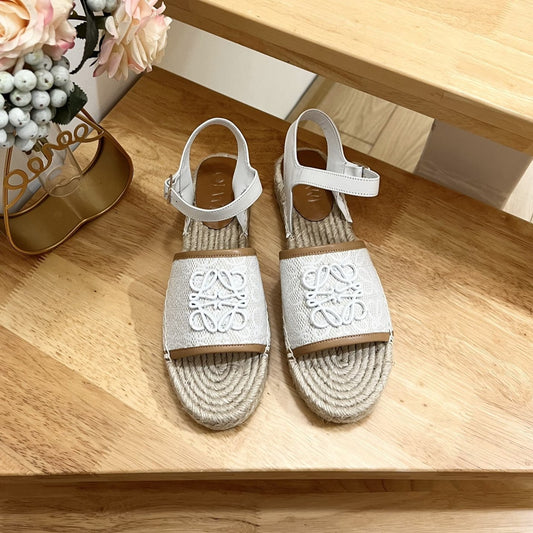 Loew Anagram White logo White Brown Leather And Canvas Espadrille Sandals