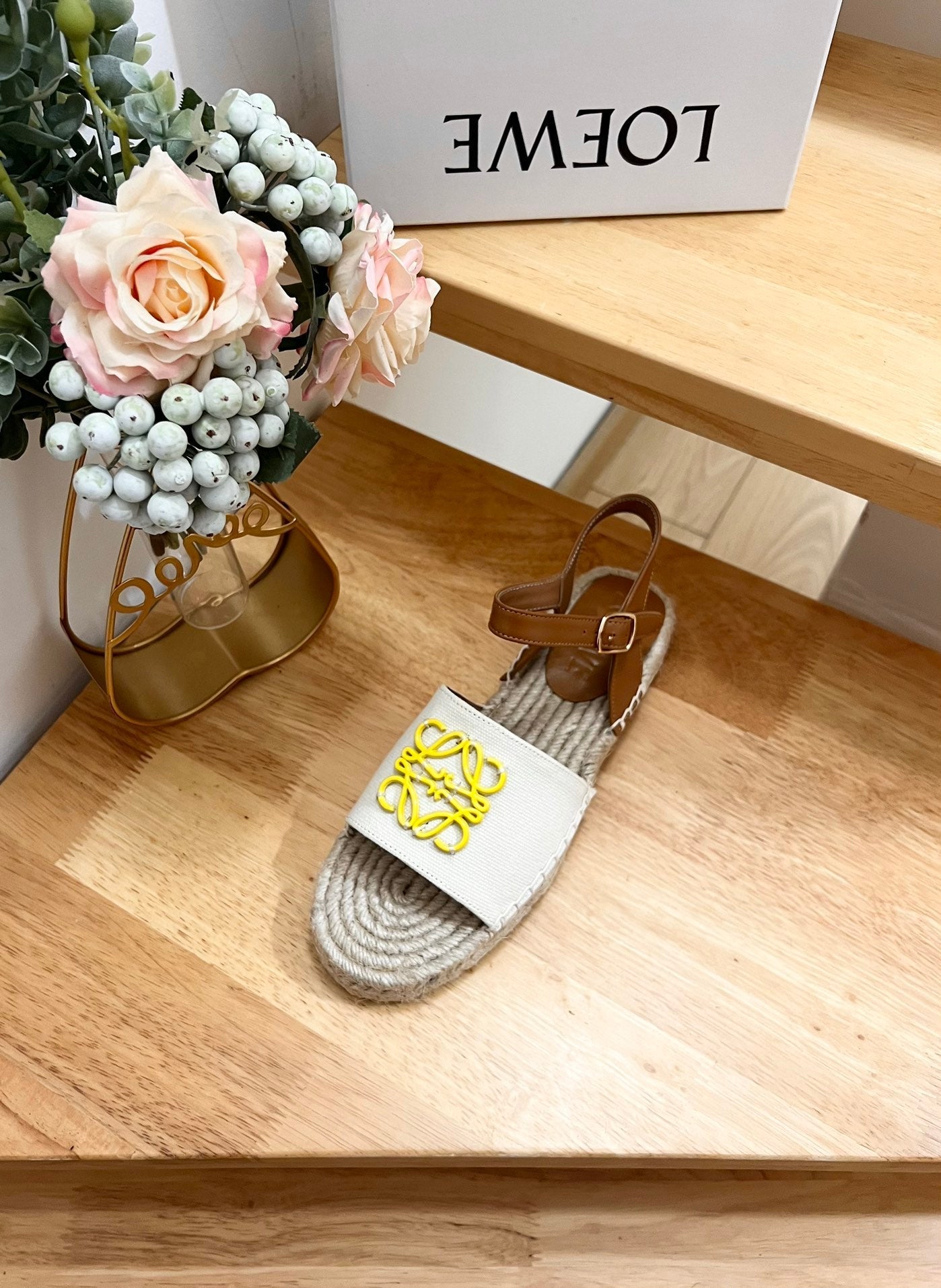 Loew Anagram Yellow logo White Brown Leather And Canvas Espadrille Sandals