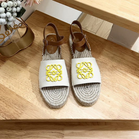 Loew Anagram Yellow logo White Brown Leather And Canvas Espadrille Sandals