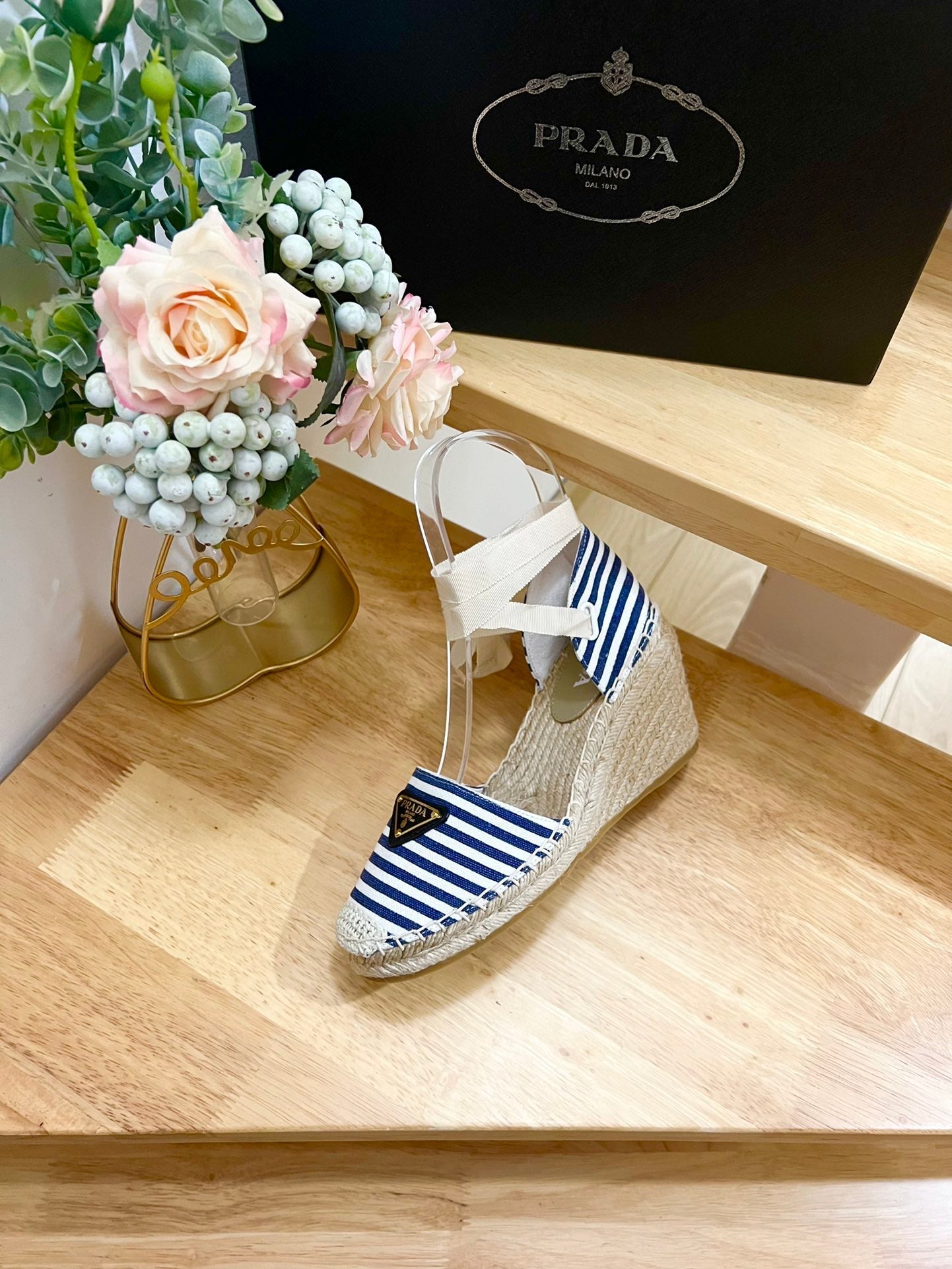 PRA STRIPE ESPADRILLE WEDGE SANDAL NAVY FABRIC