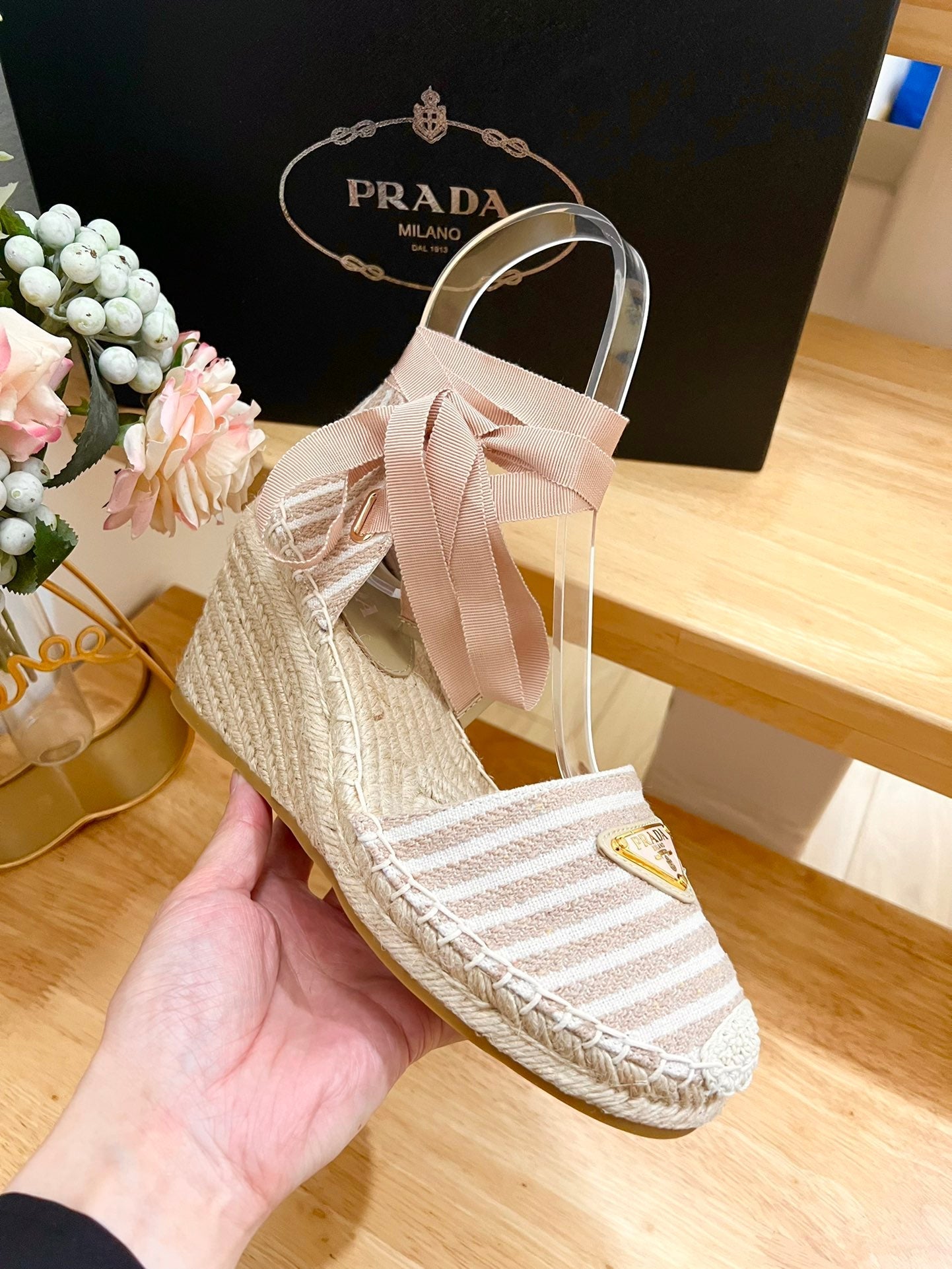 PRA STRIPE ESPADRILLE WEDGE SANDAL PASTEL PINK FABRIC