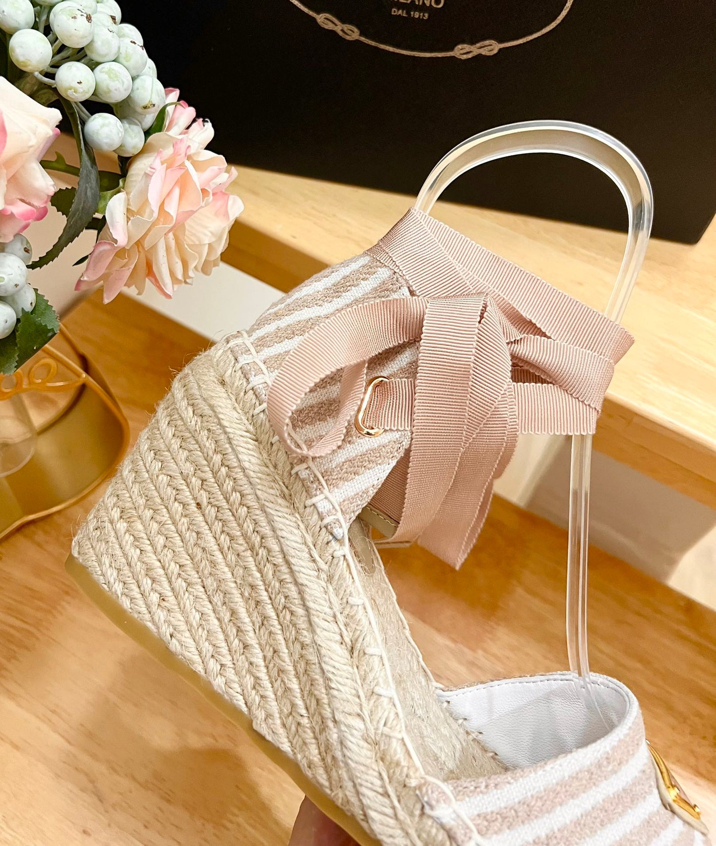 PRA STRIPE ESPADRILLE WEDGE SANDAL PASTEL PINK FABRIC