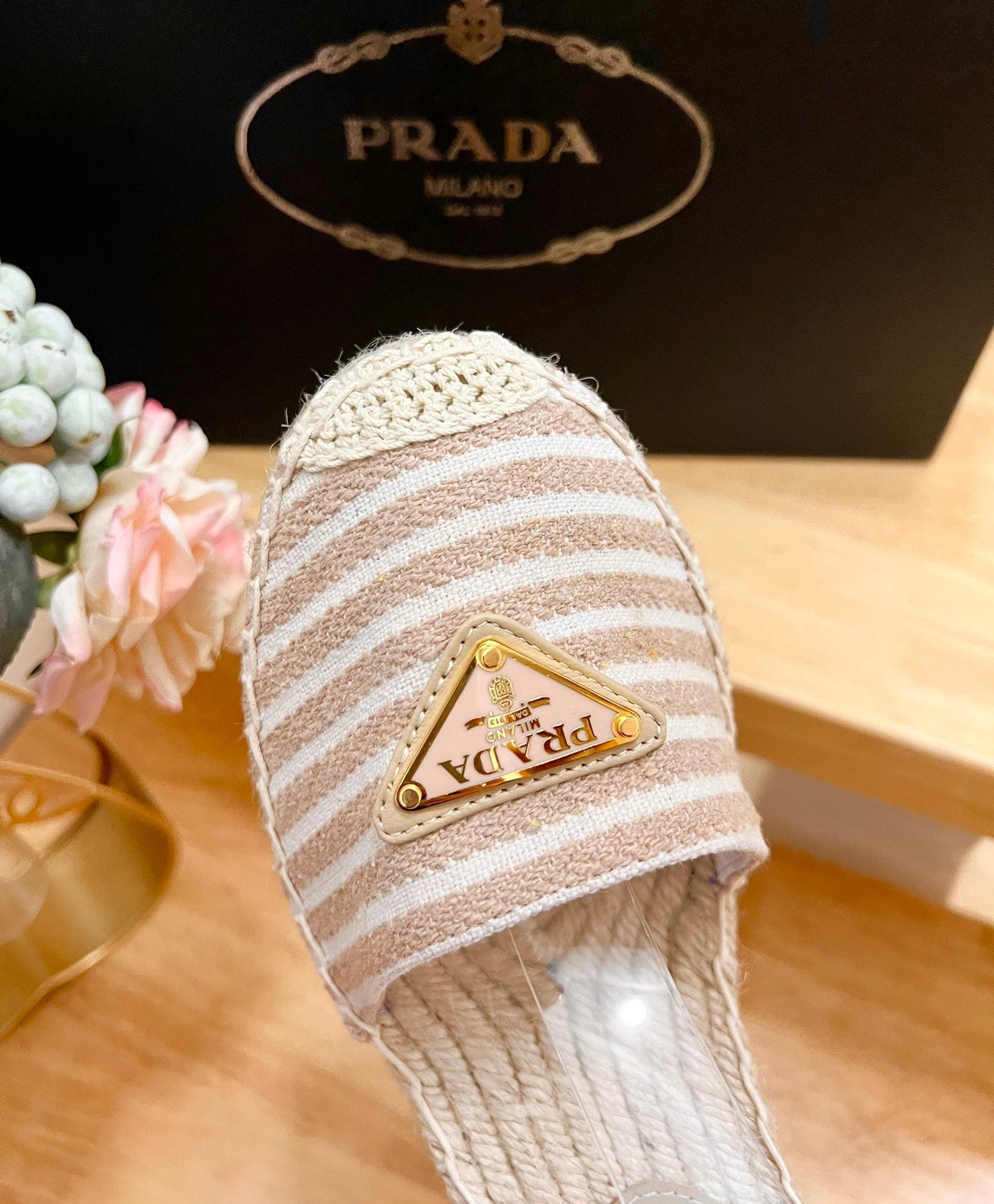 PRA STRIPE ESPADRILLE WEDGE SANDAL PASTEL PINK FABRIC