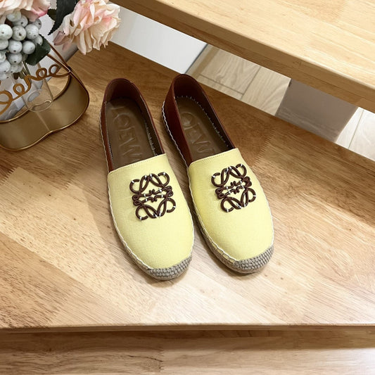 Loew Anagram Espadrille Yellow Brown Leather and Canvas