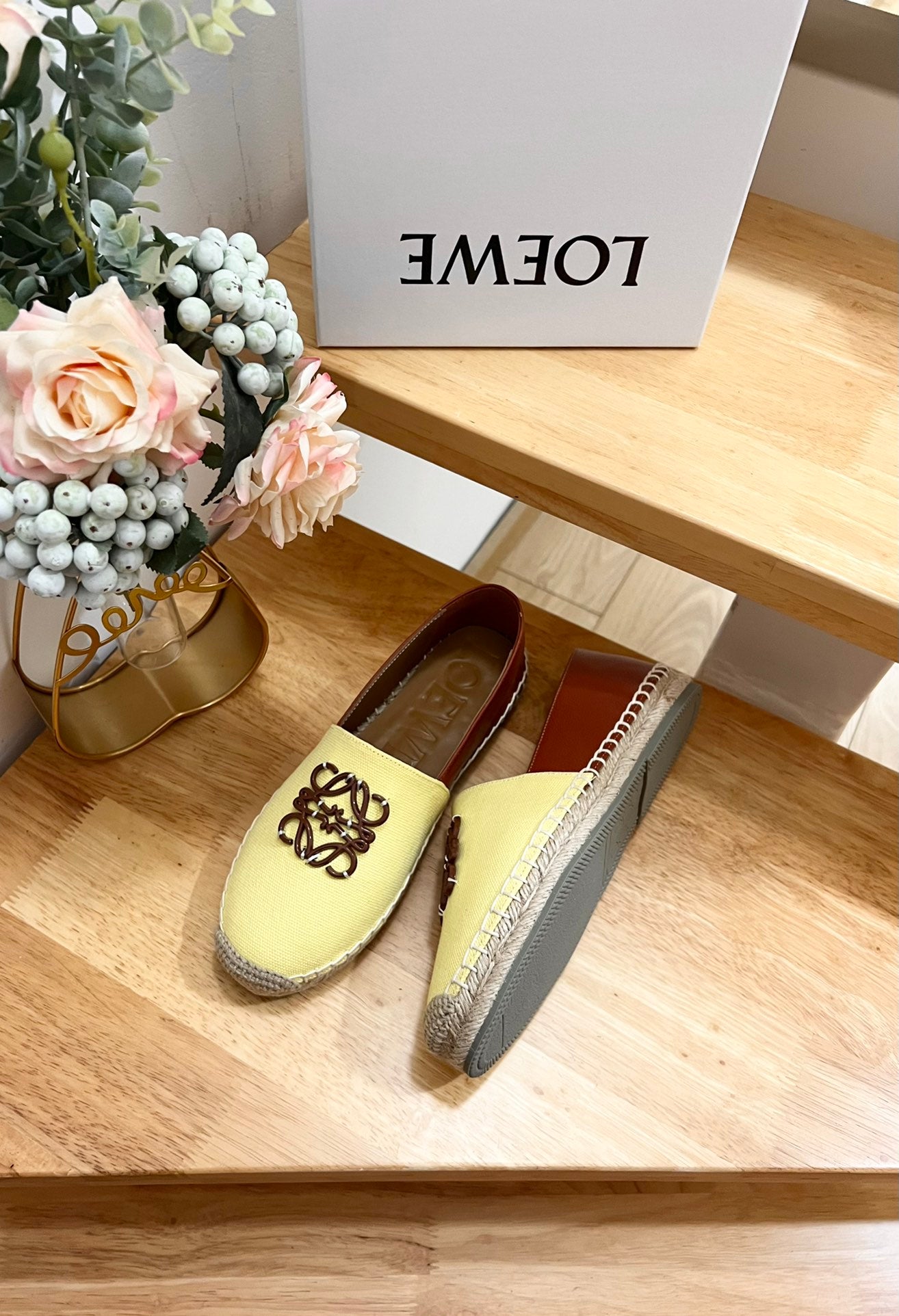 Loew Anagram Espadrille Yellow Brown Leather and Canvas