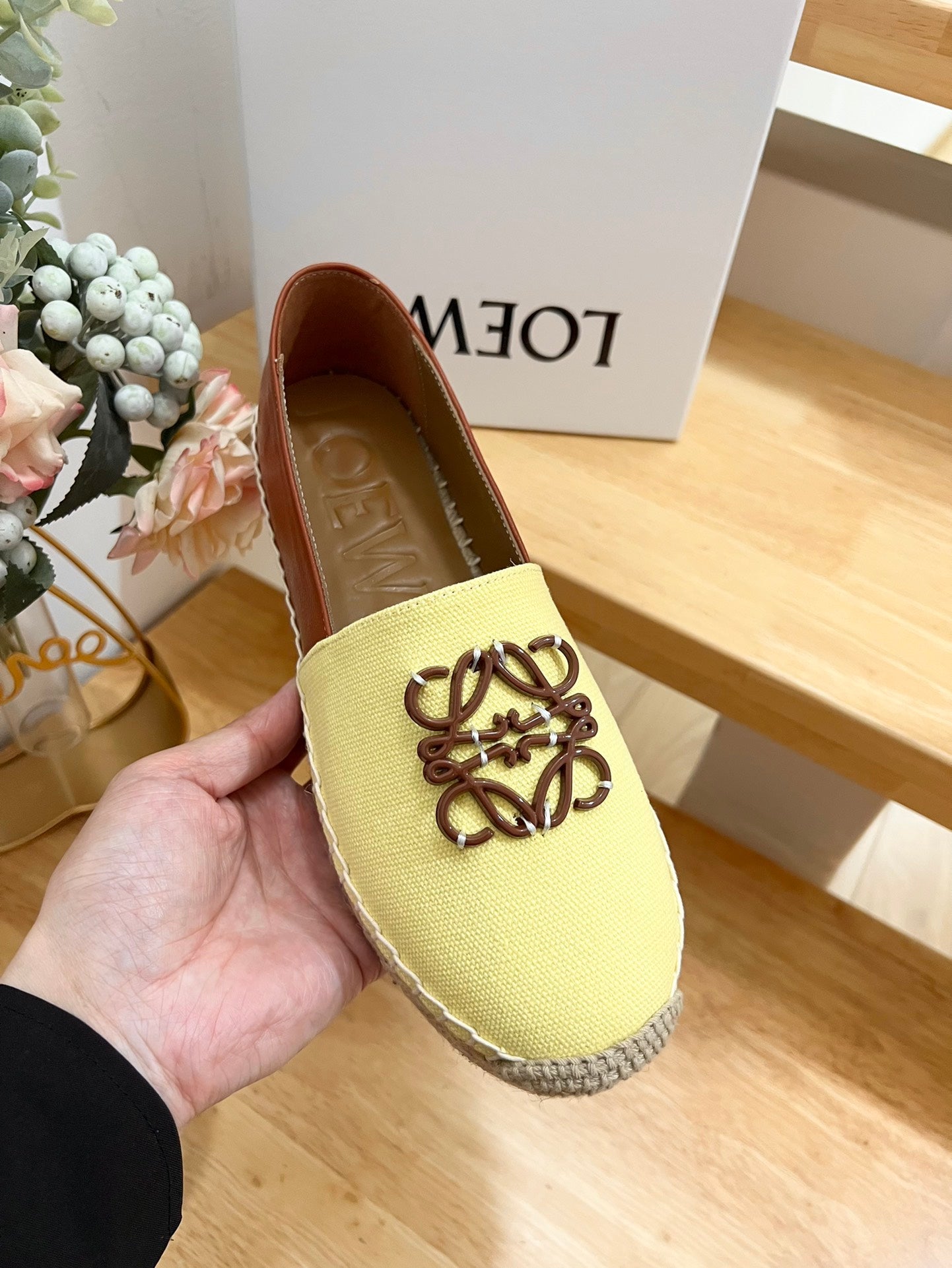 Loew Anagram Espadrille Yellow Brown Leather and Canvas