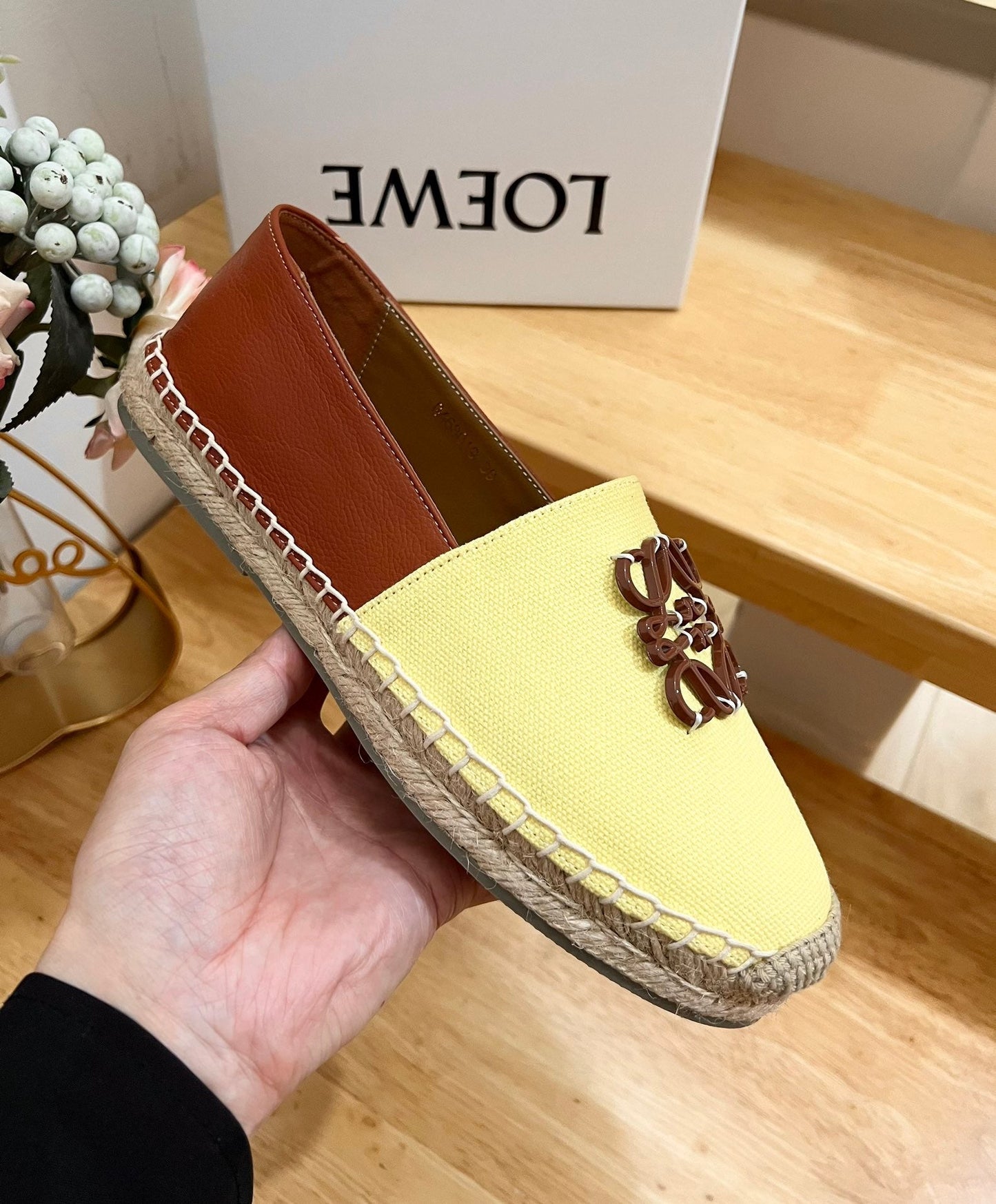 Loew Anagram Espadrille Yellow Brown Leather and Canvas