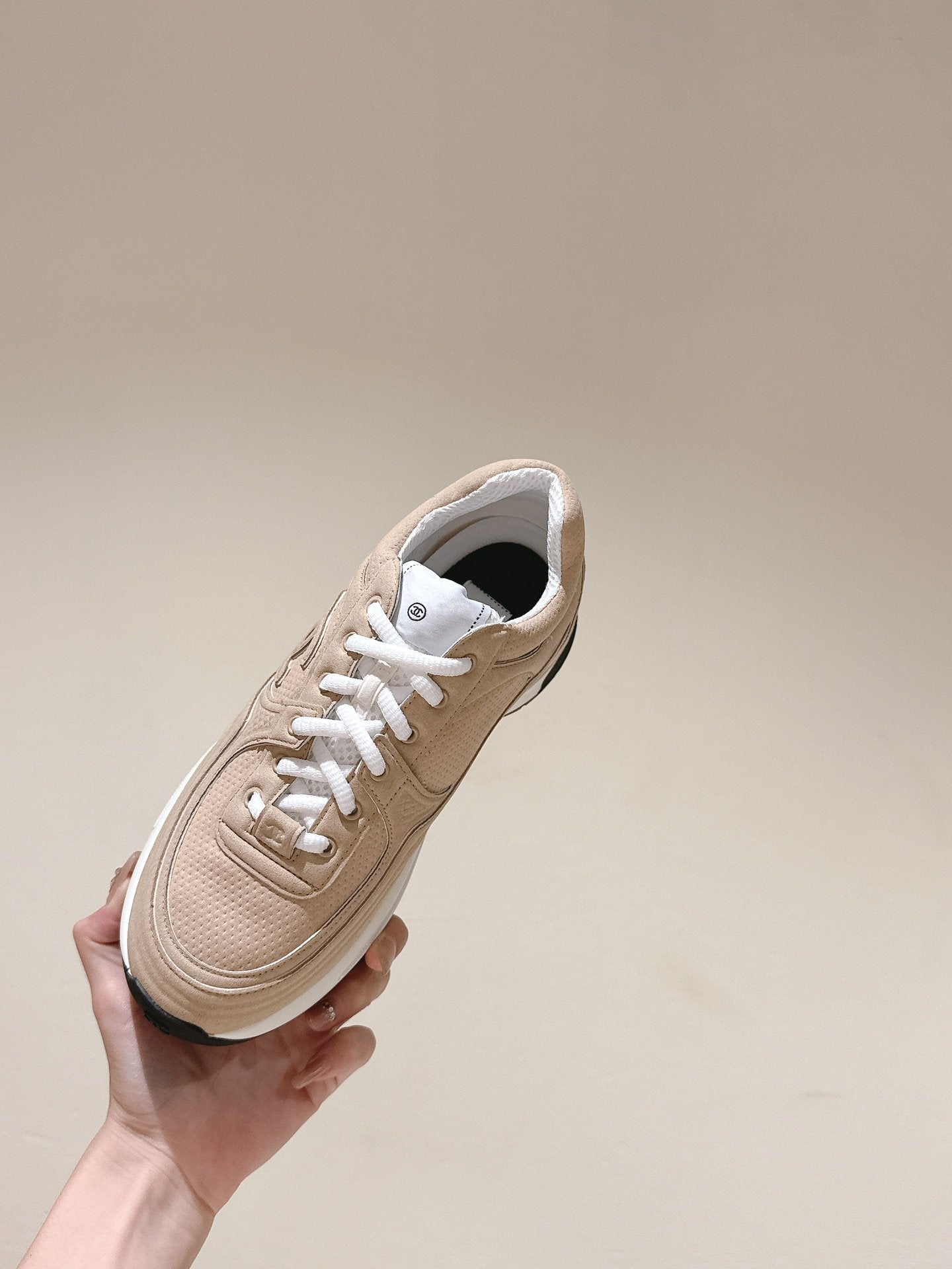 cc trainer beige white fabric