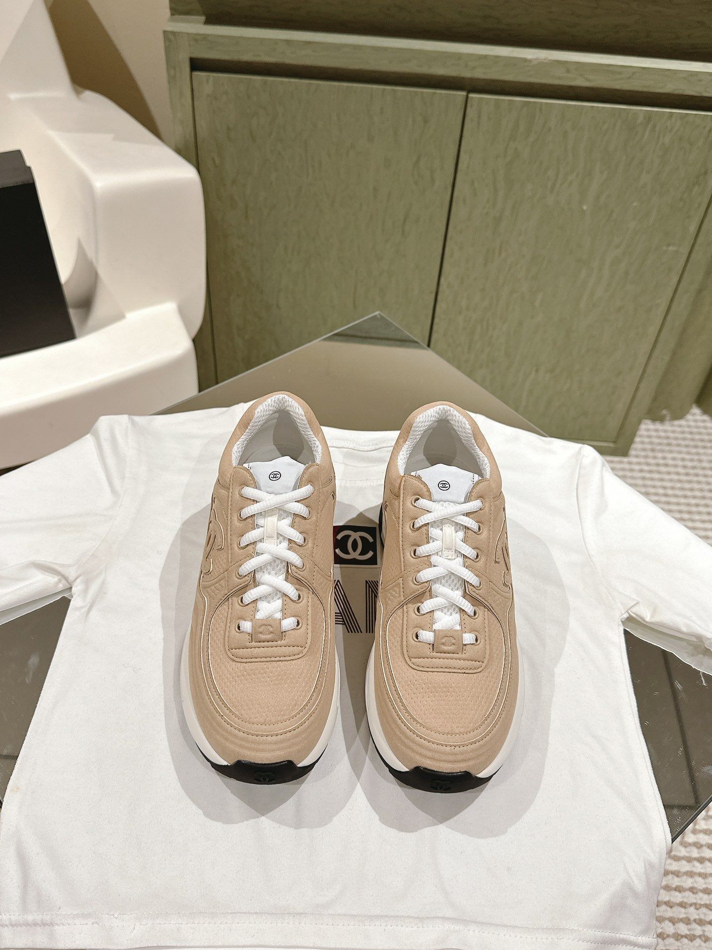 cc trainer beige white fabric