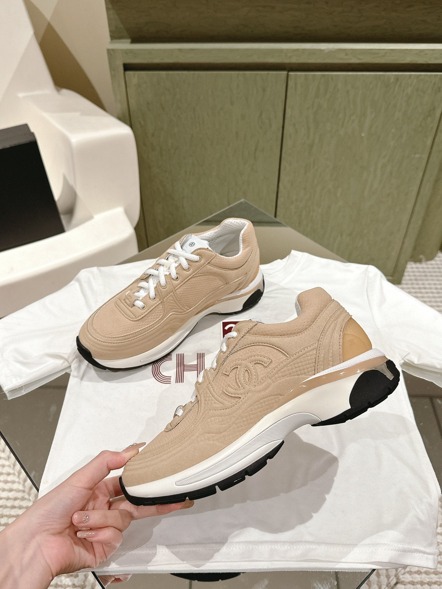 cc trainer beige white fabric