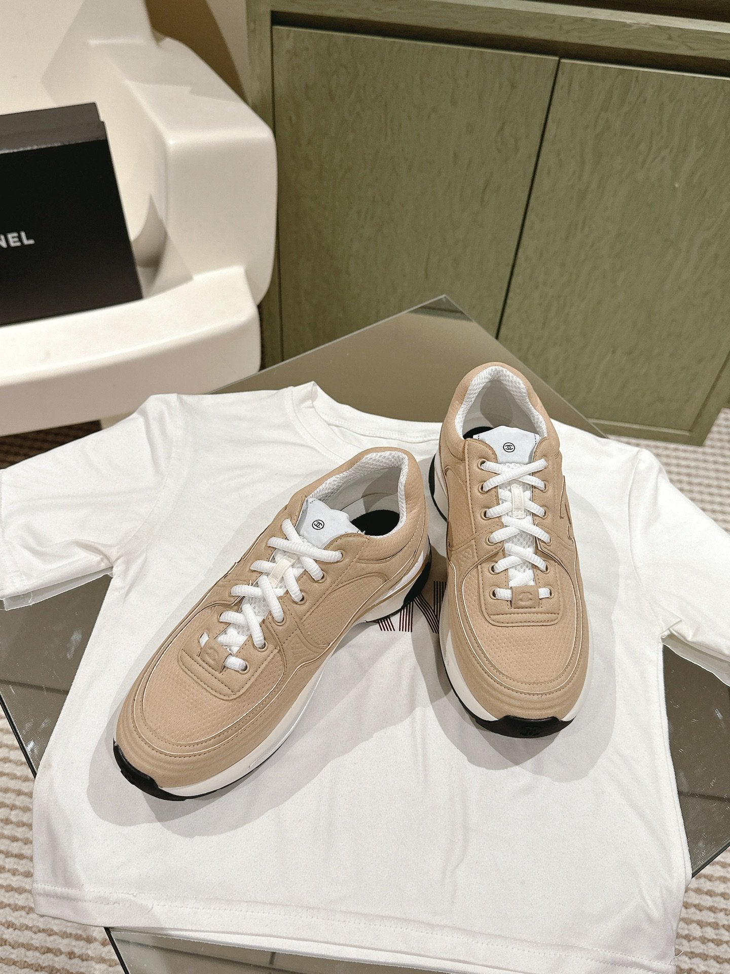 cc trainer beige white fabric