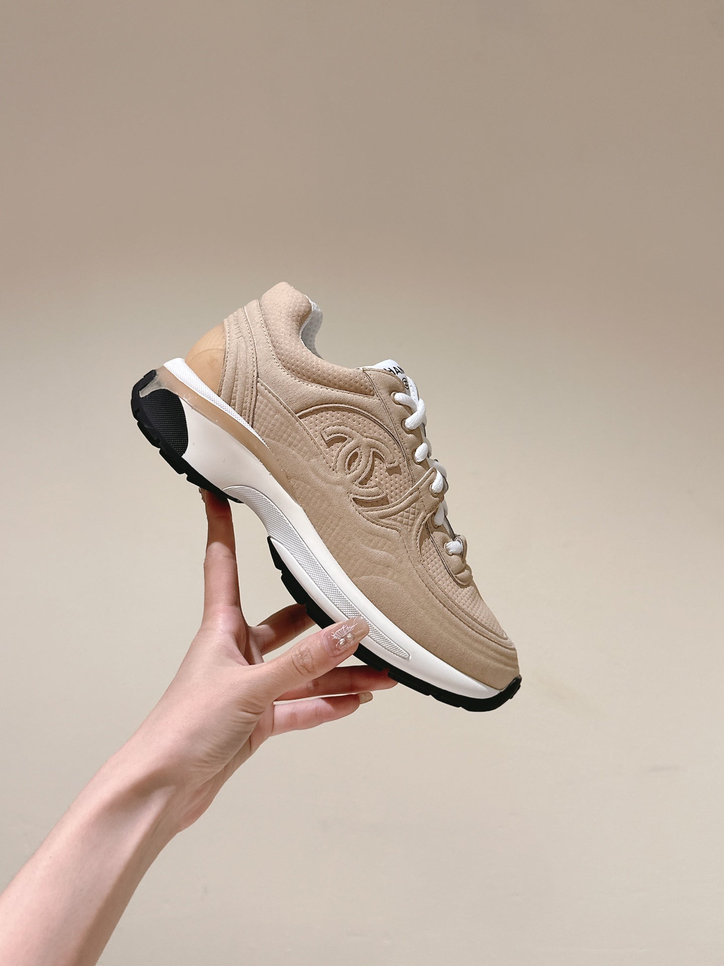 cc trainer beige white fabric