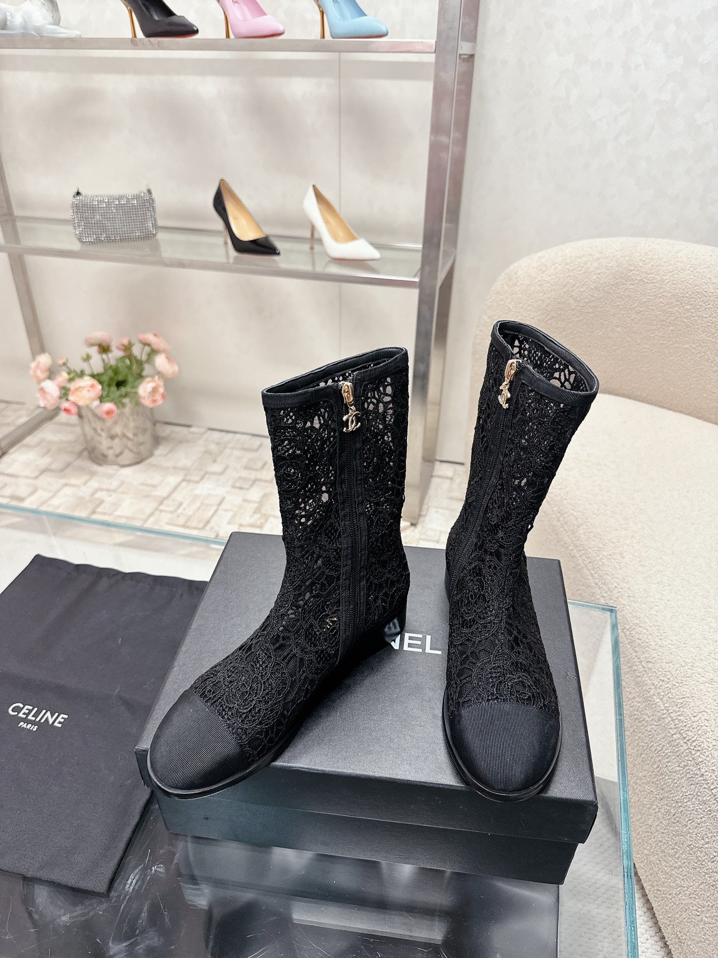 cc boots black lace fabric grosgrain