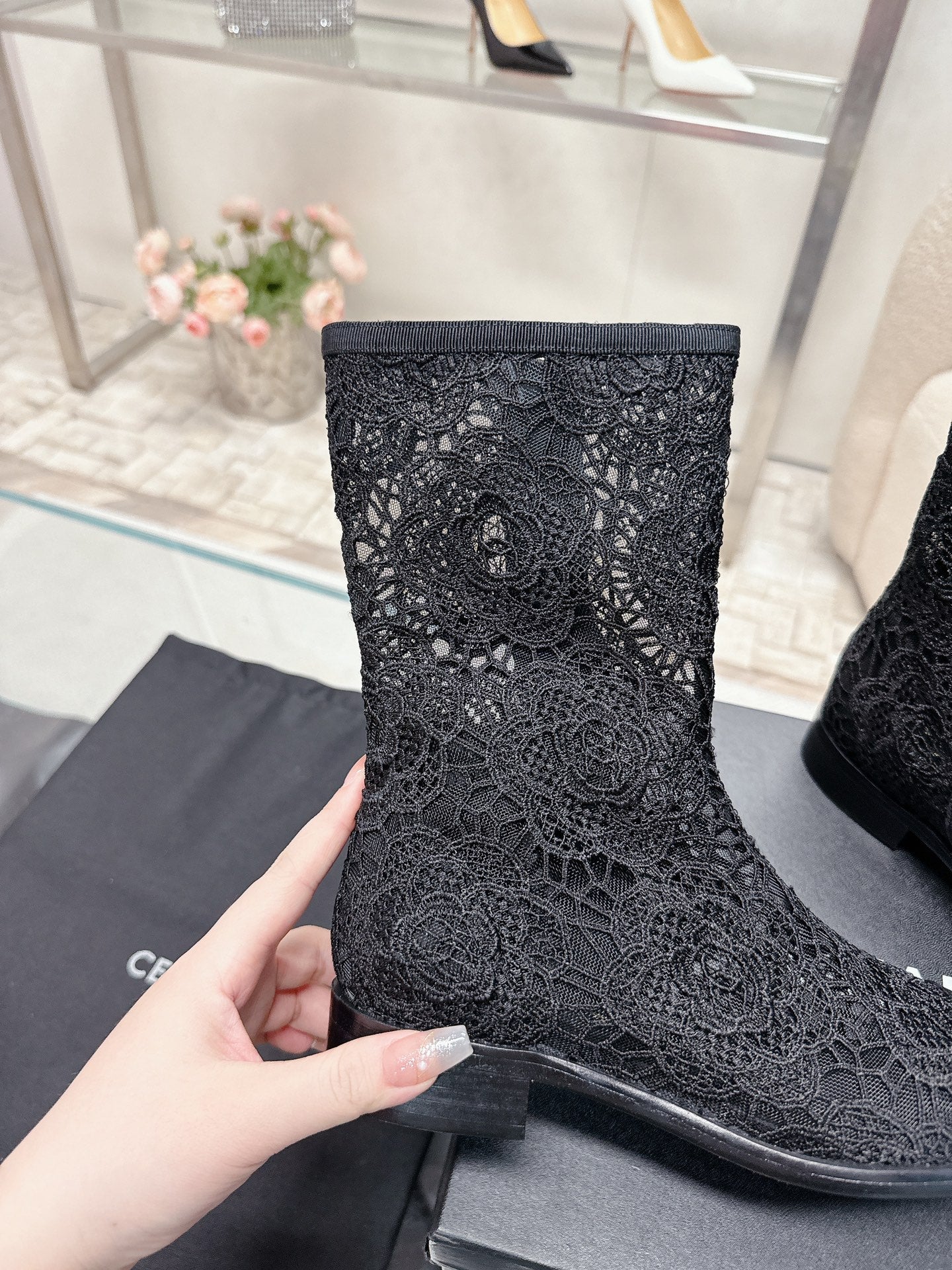 cc boots black lace fabric grosgrain