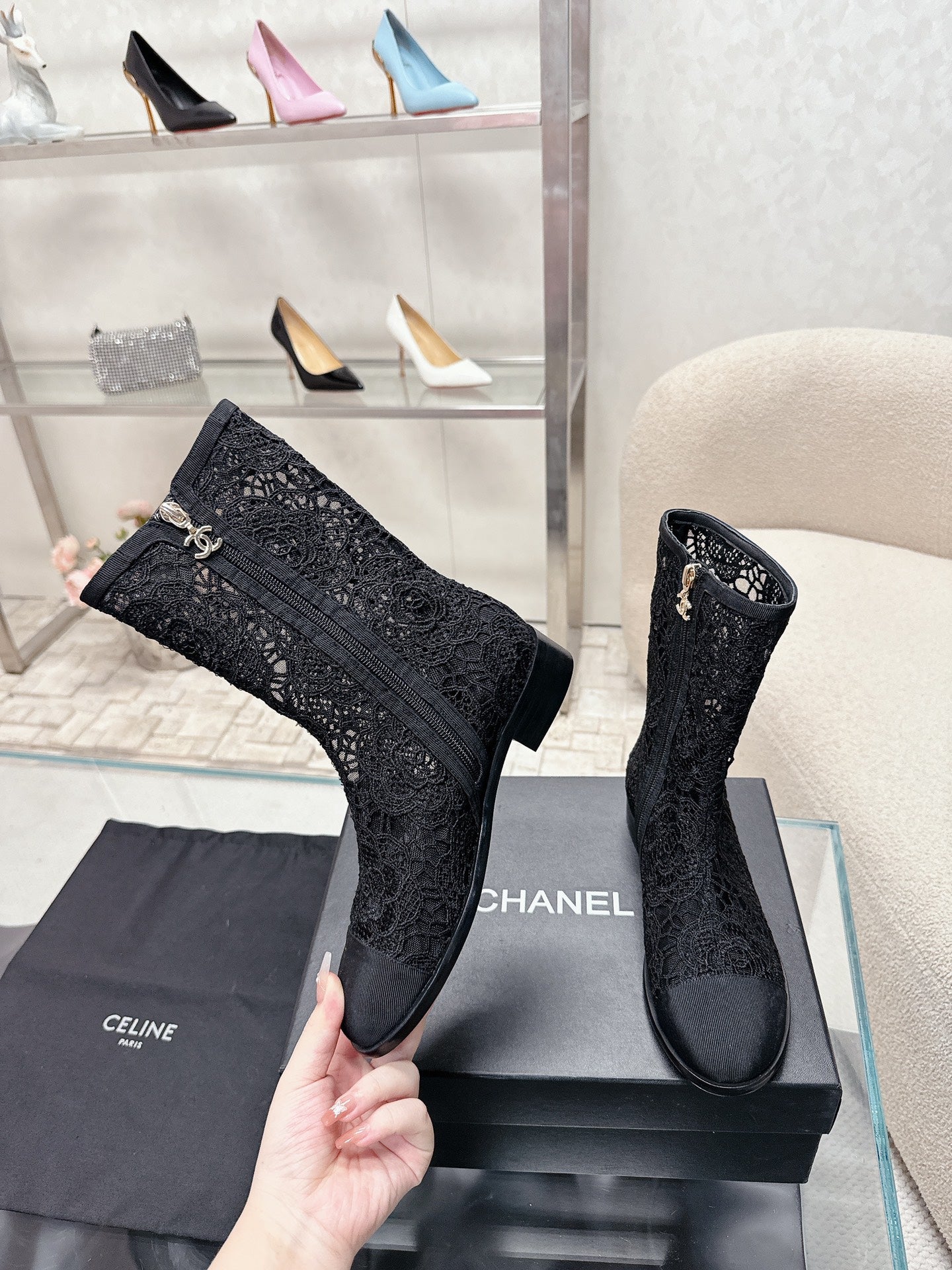 cc boots black lace fabric grosgrain