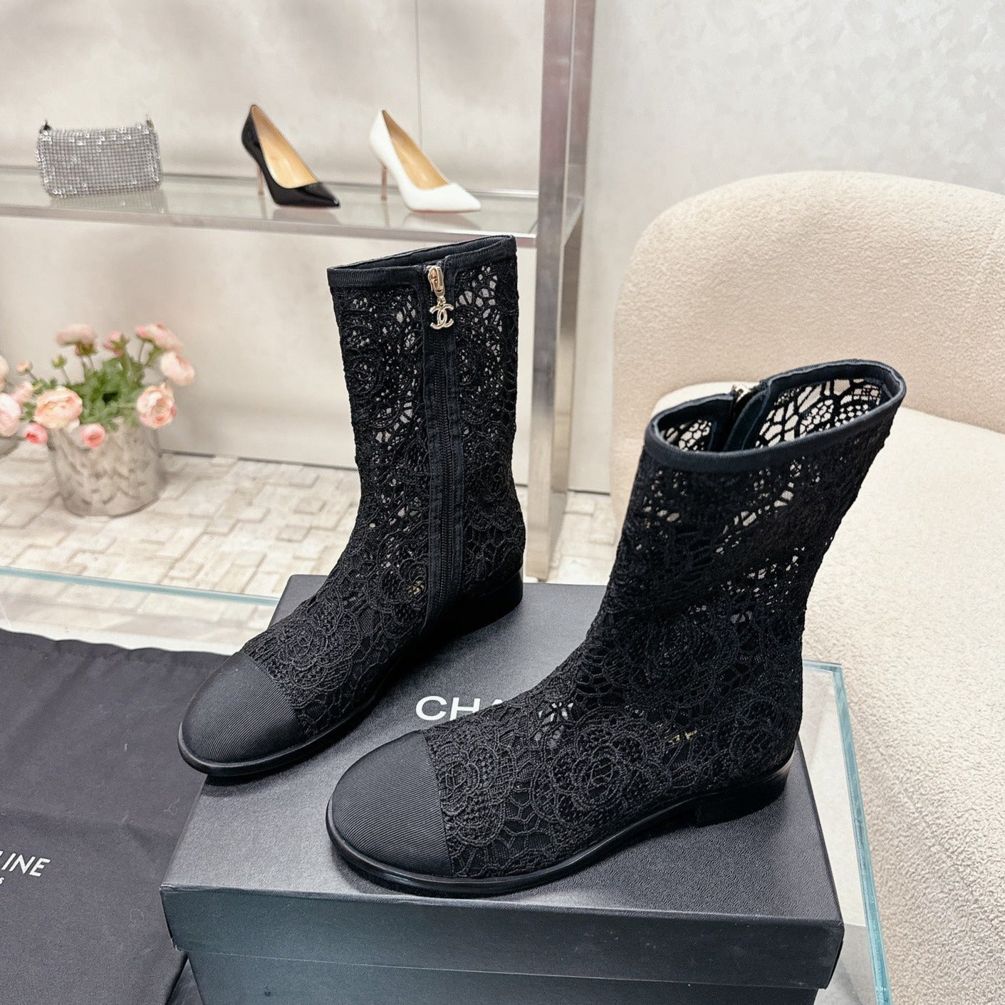 cc boots black lace fabric grosgrain